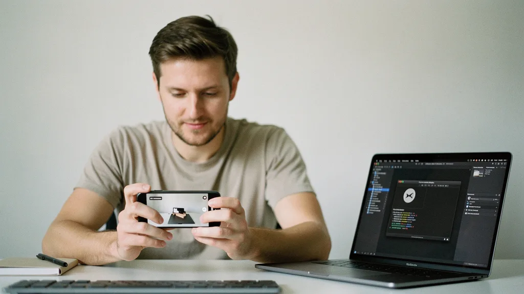 AR developer testing augmented reality app on iPhone at a studio desk with ARKit code on screen