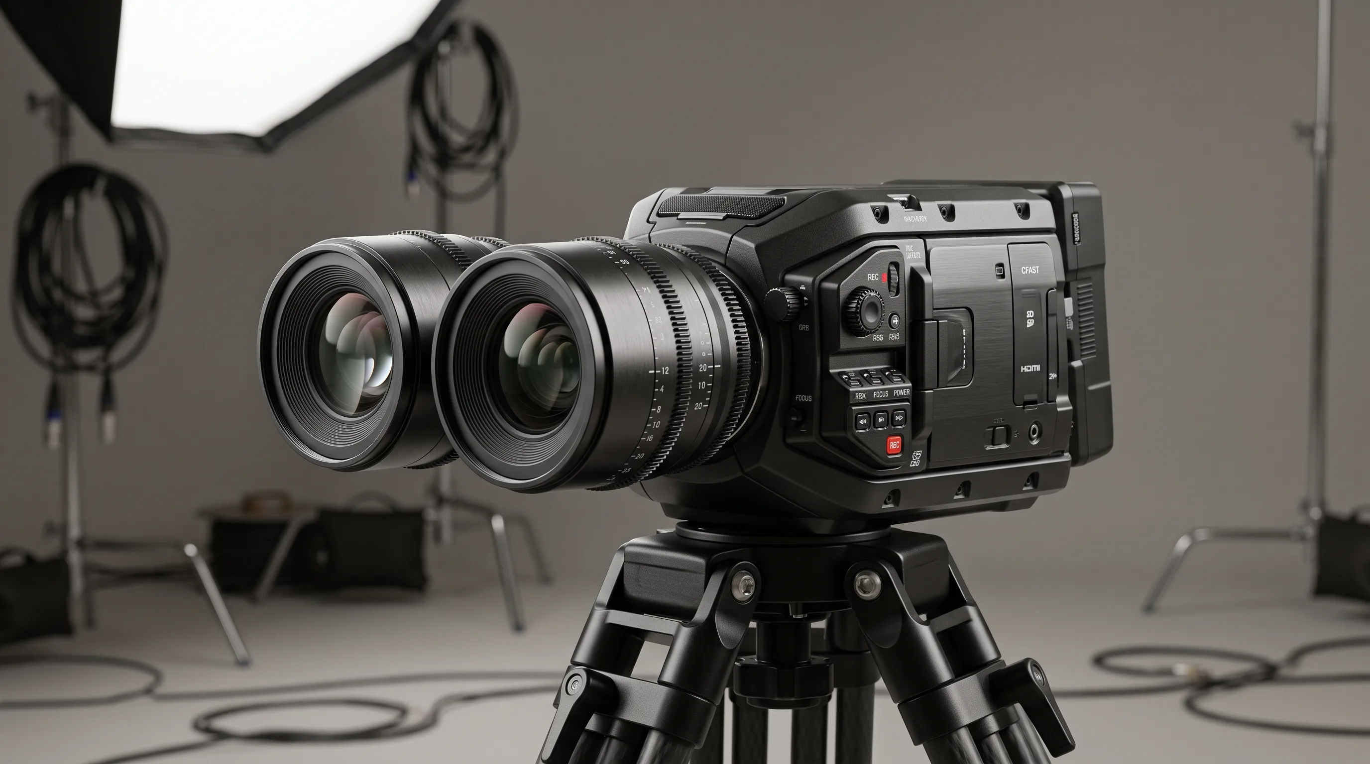 A professional immersive cinema camera with twin lenses mounted on a film set.