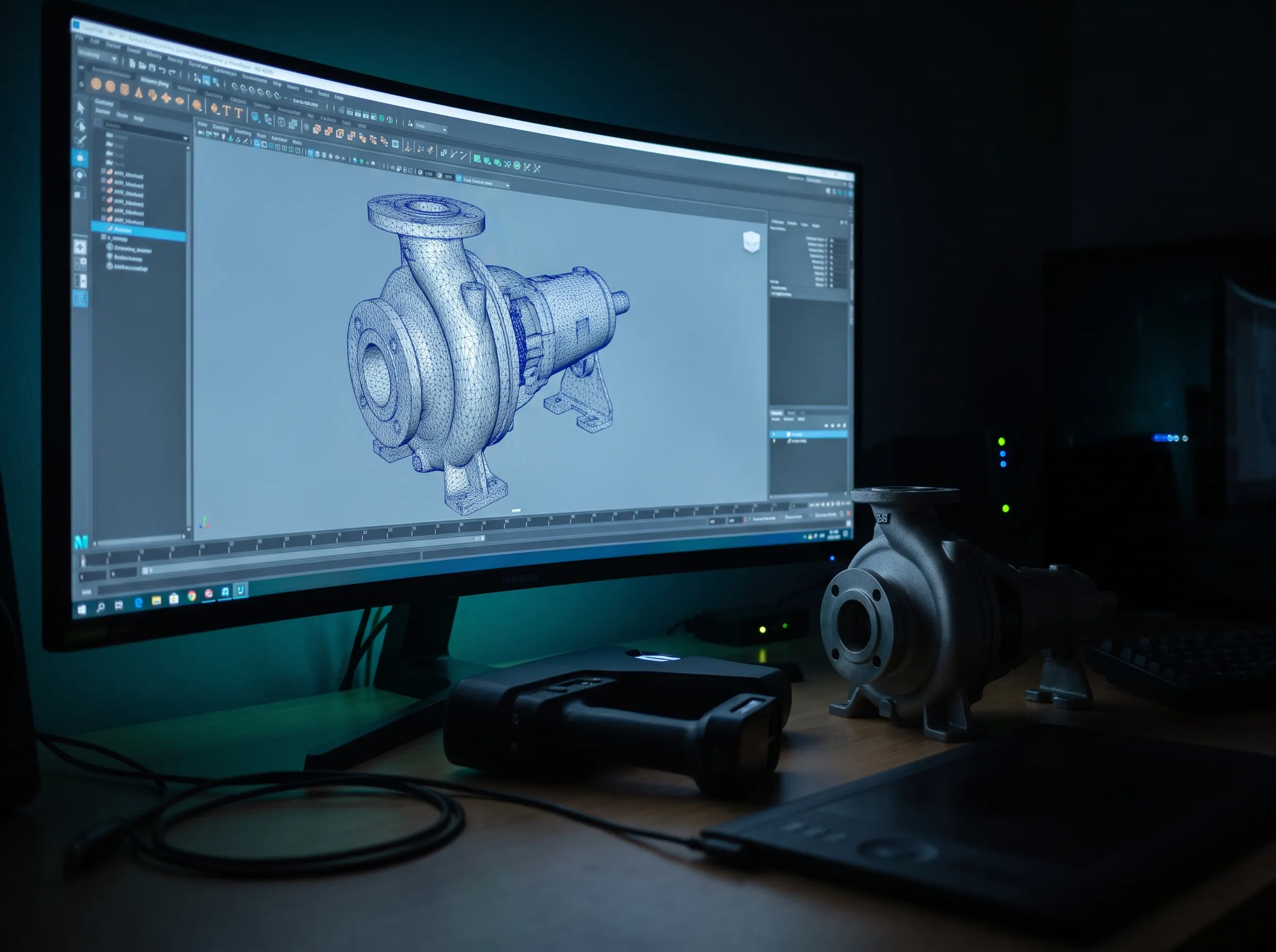 3D artist workstation showing a retopology mesh of an industrial pump beside a 3D scanner and the real part