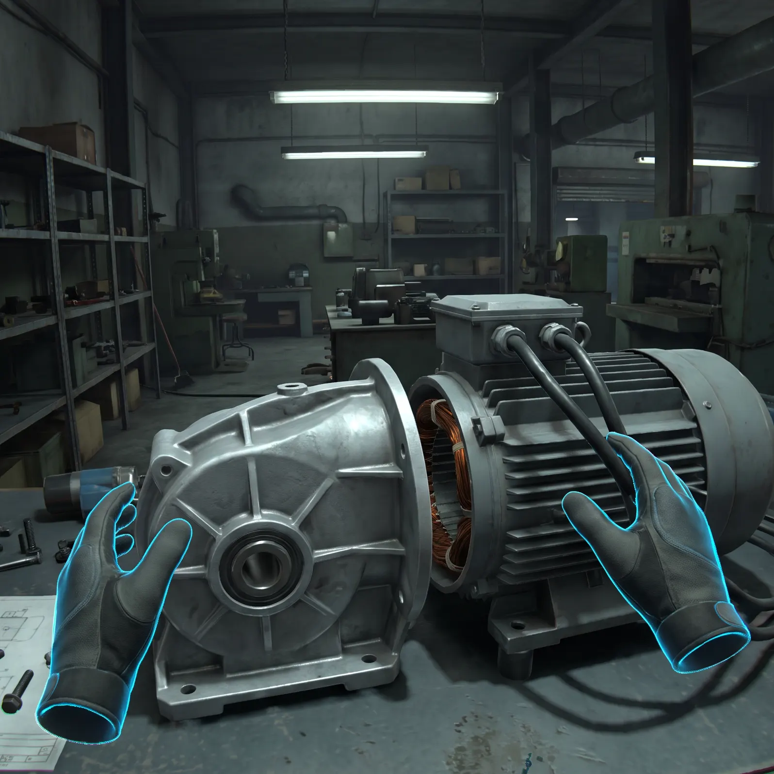 First-person view inside a VR assembly training simulation, virtual hands seating a gearbox housing