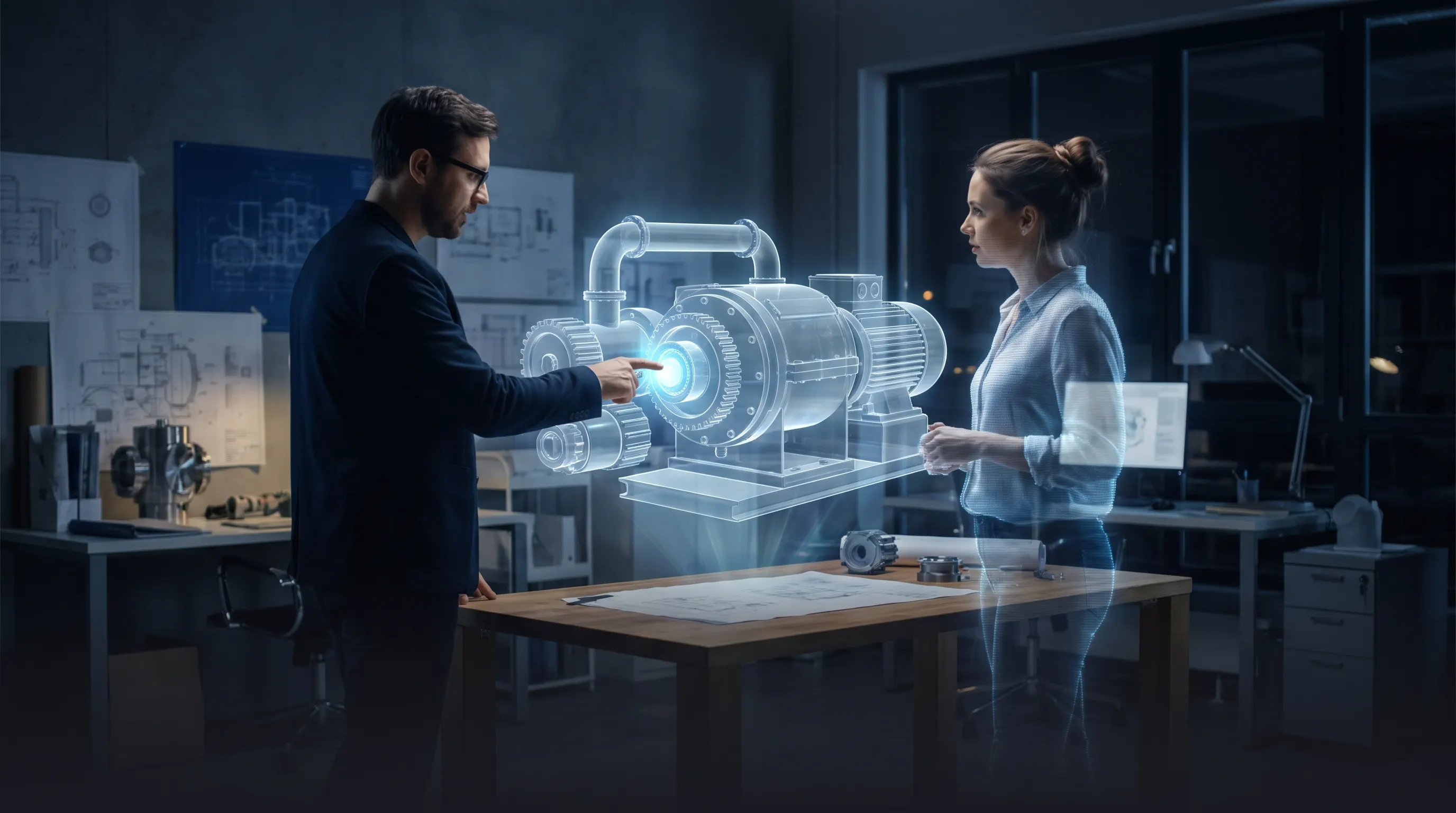 Two engineers, one joining remotely, reviewing a shared full-scale 3D machine model together