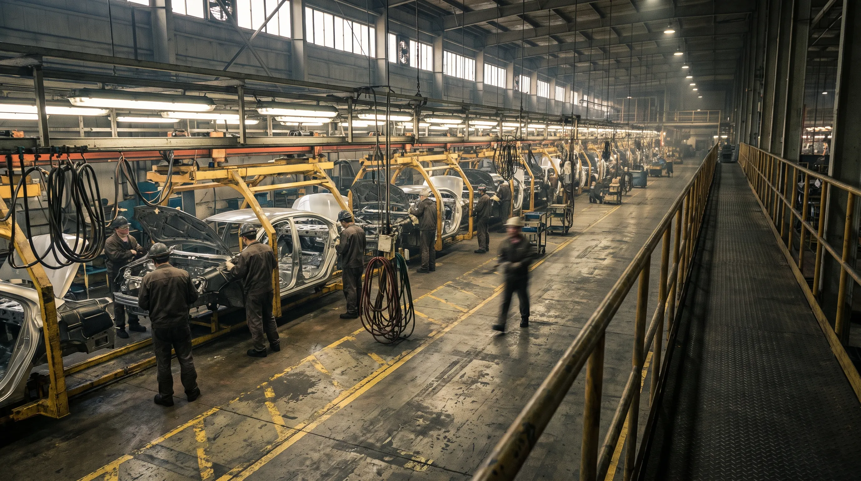 Automotive assembly hall seen from an elevated walkway — the kind of floor we replicate as a walkable digital twin