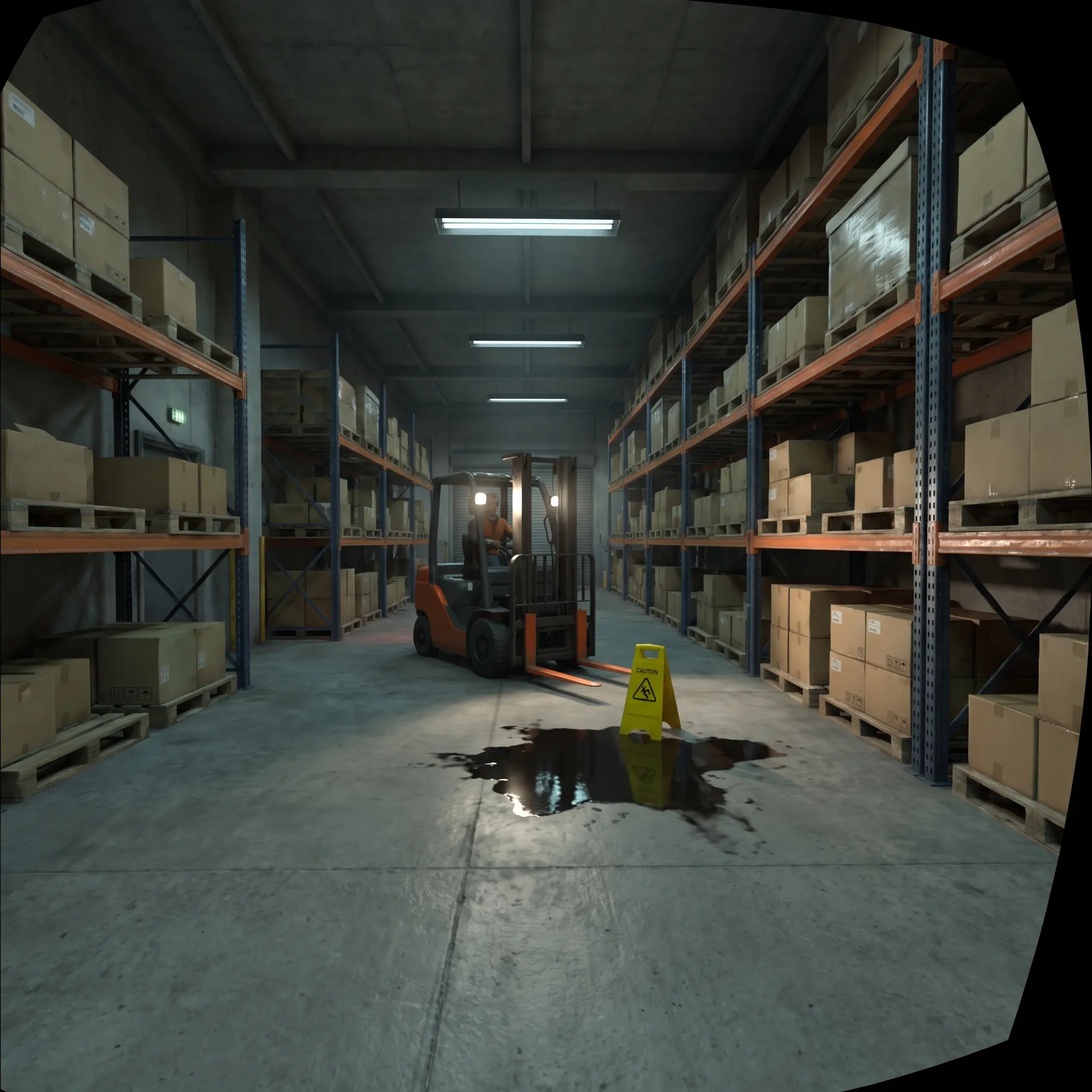 VR hazard-recognition scene in a warehouse aisle with a forklift, spill, and caution cone