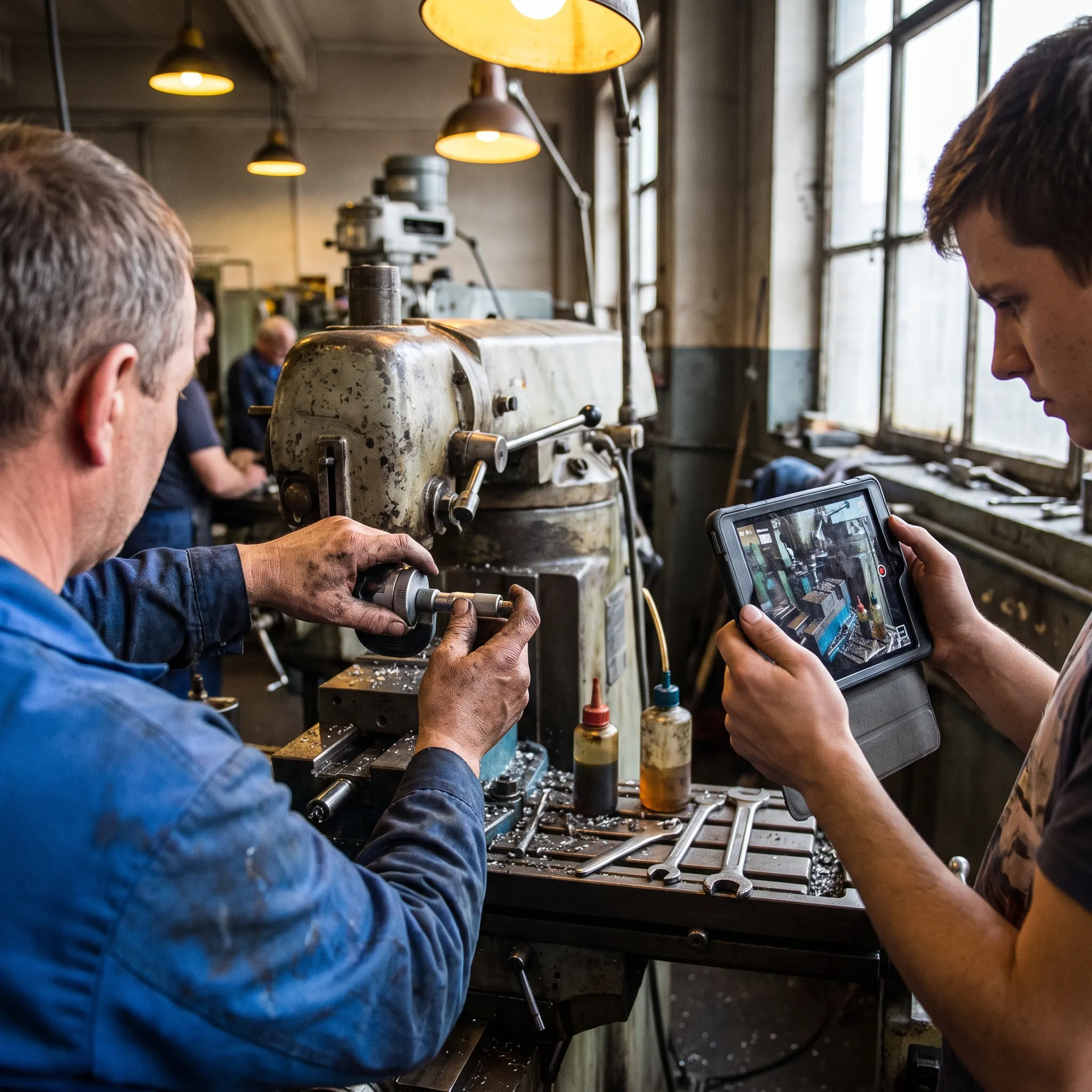 Veteran machinist demonstrating a milling adjustment while a colleague records the procedure on a tablet