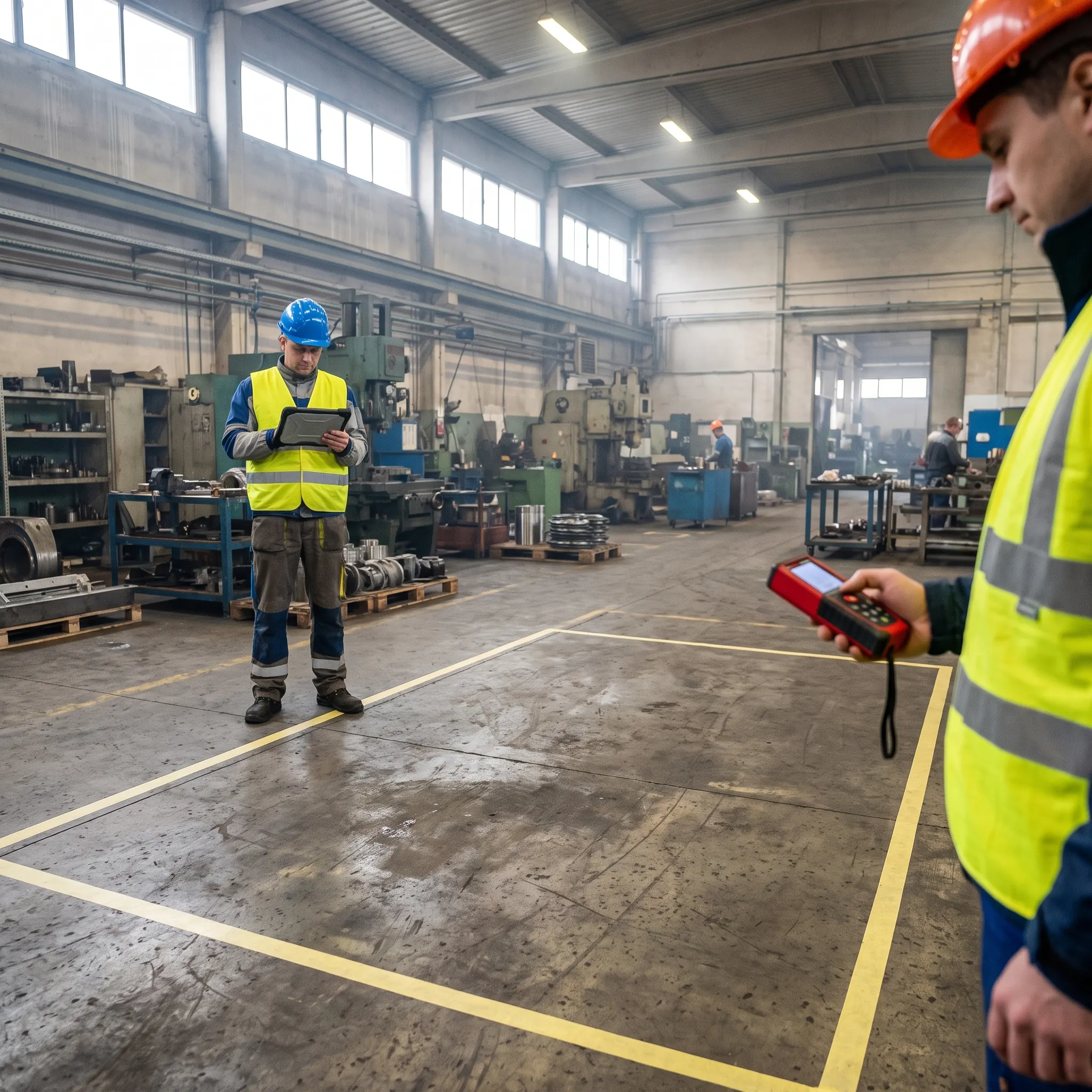 Engineers marking out a planned machine cell with floor tape and a laser measure on a factory floor