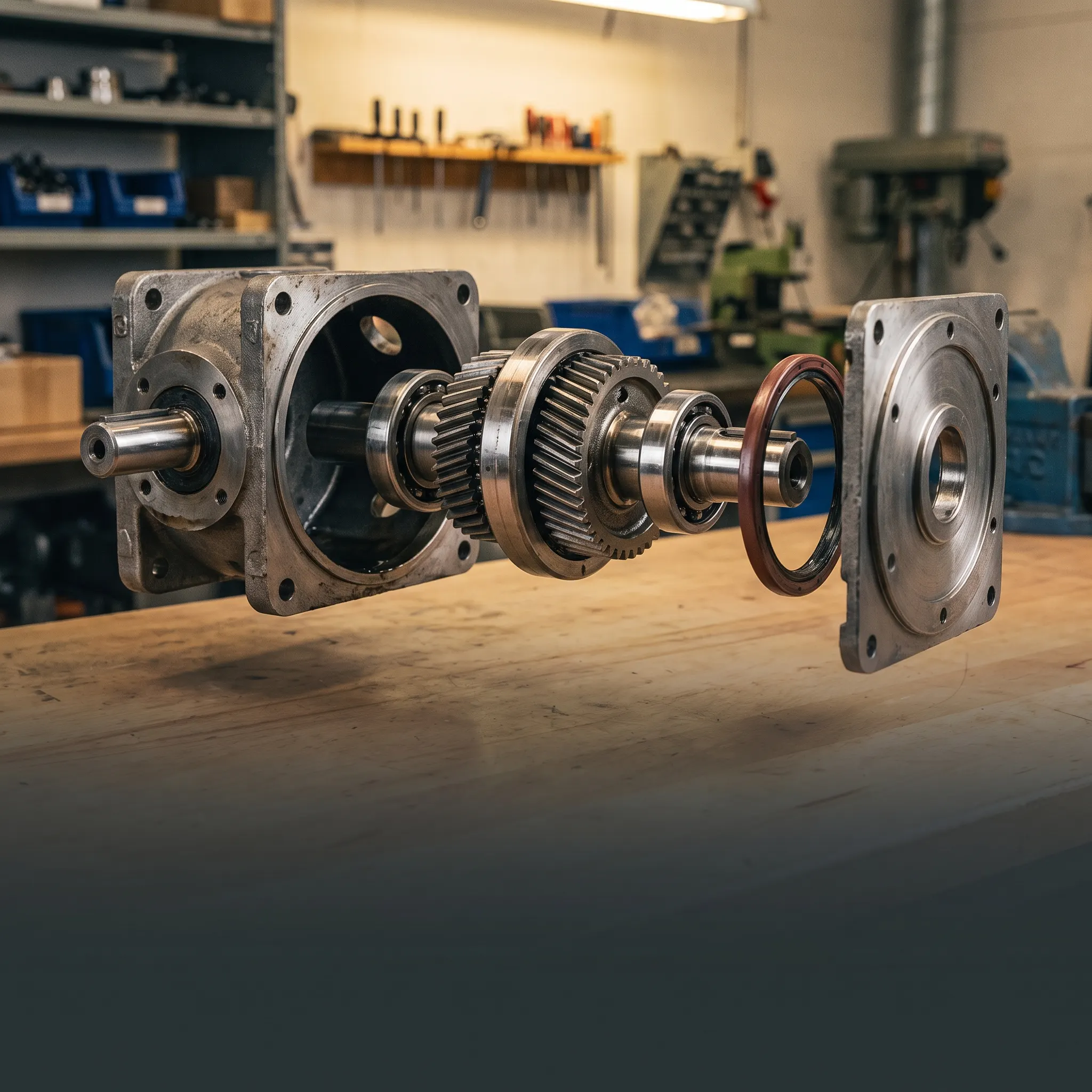 Industrial gearbox separated into its serviceable modules as an exploded training view
