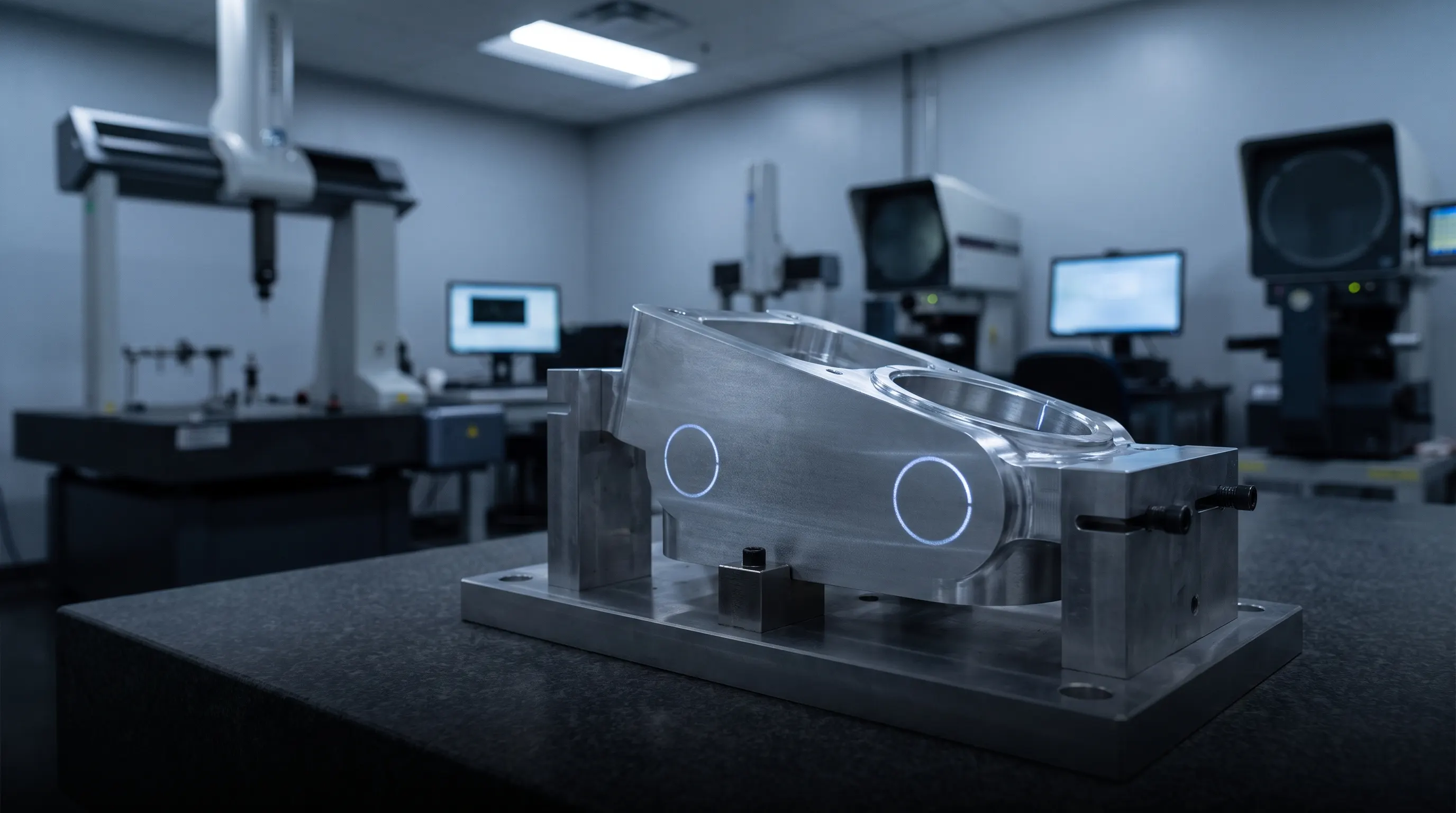 Machined component on an inspection bench with two AR inspection zones highlighted