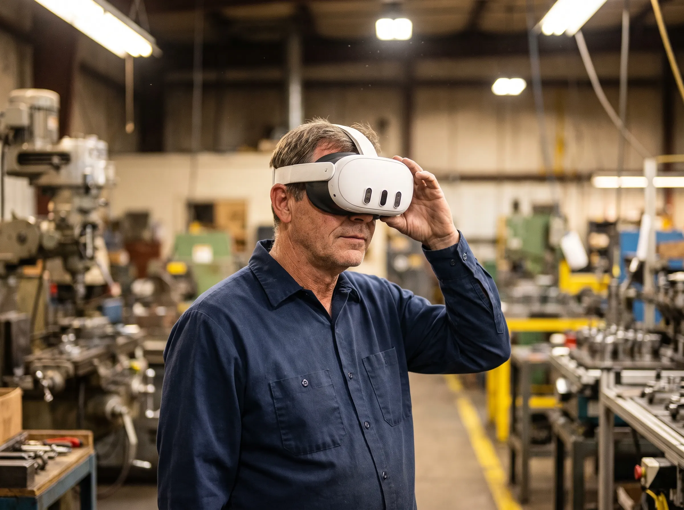 Factory worker adjusting a Meta Quest 3 headset at his workstation on a production floor