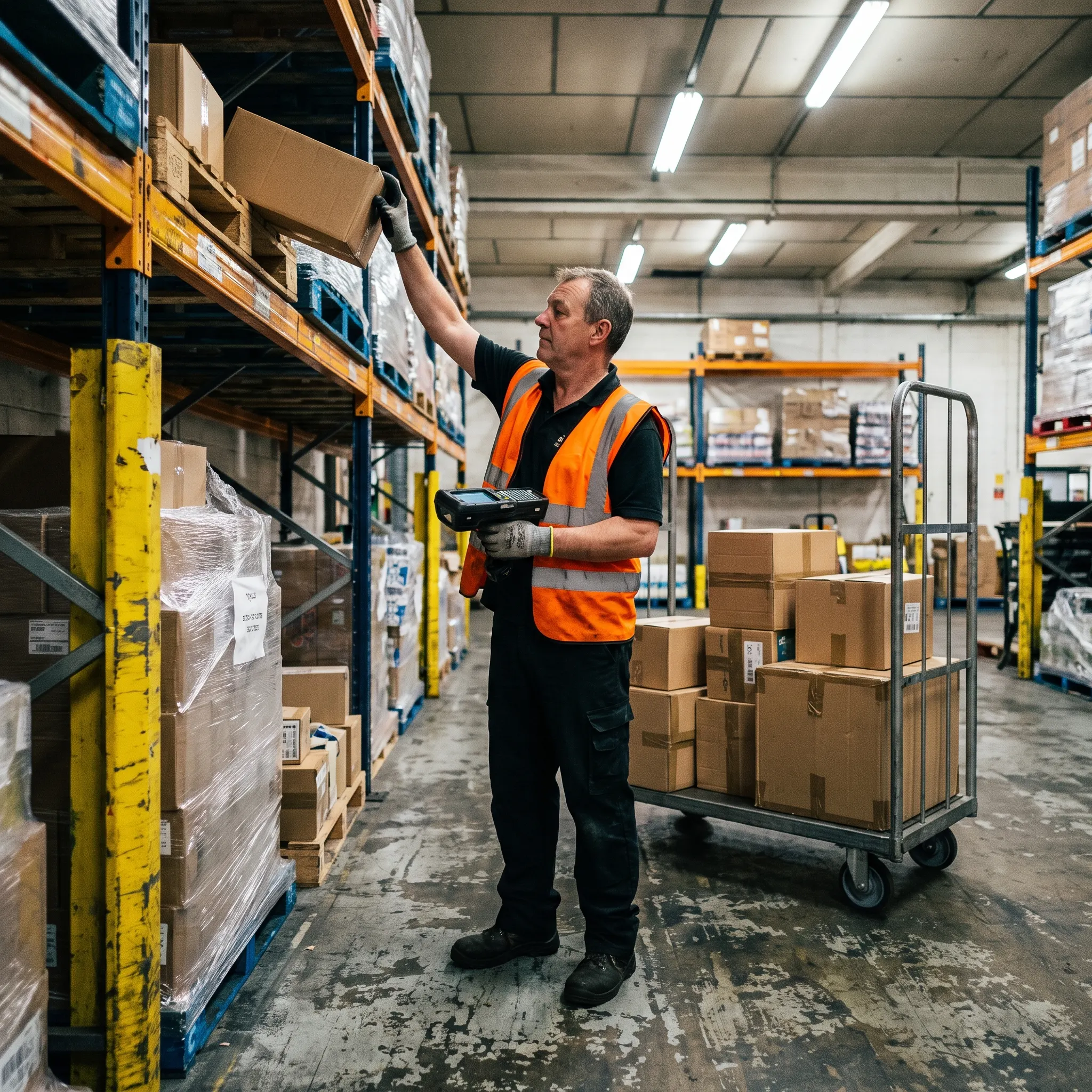 Warehouse picker in a hi-vis vest reaching for a box on pallet racking with a handheld scanner