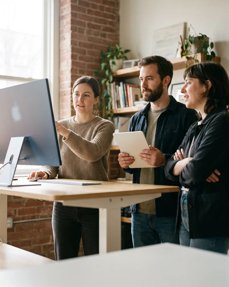 Three colleagues reviewing a product design together at a standing desk