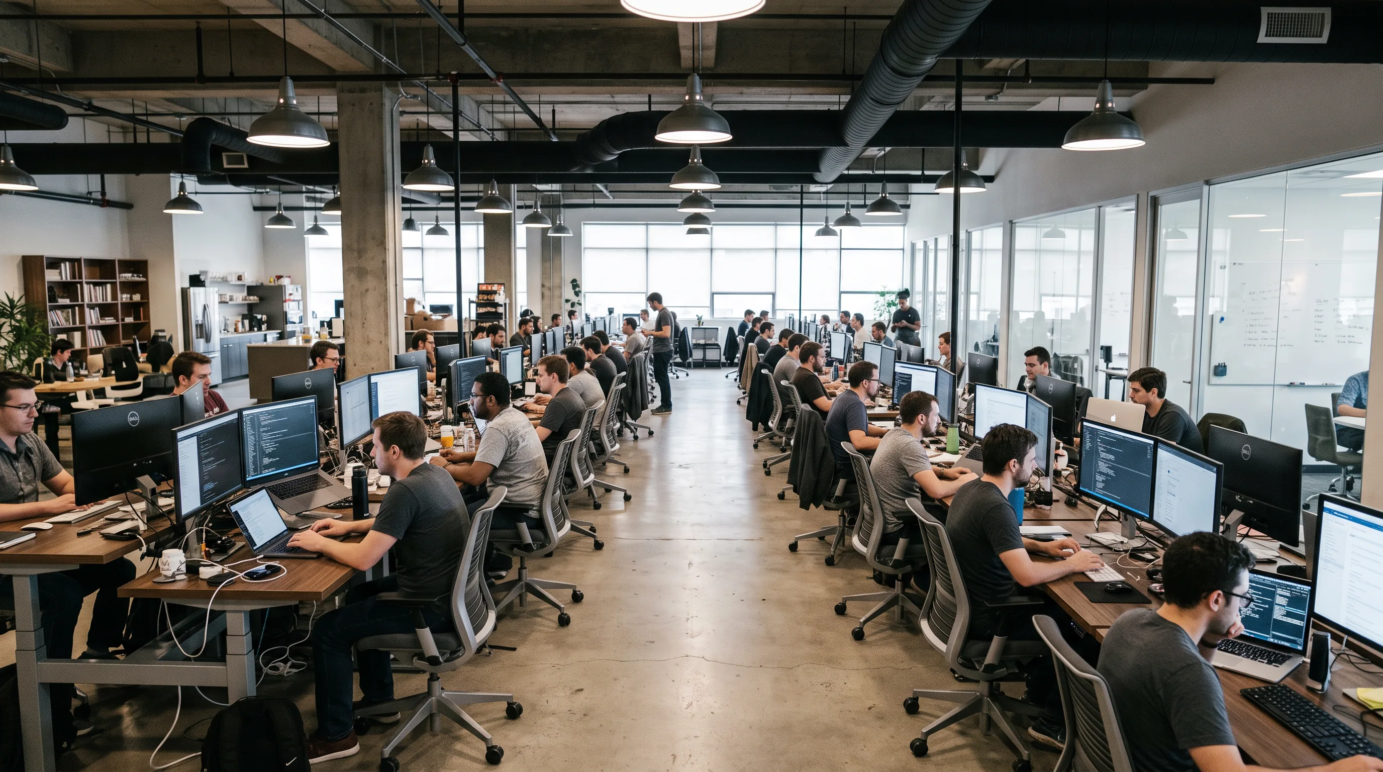 A wide shot of software developers at Mac workstations in a busy open-plan tech office