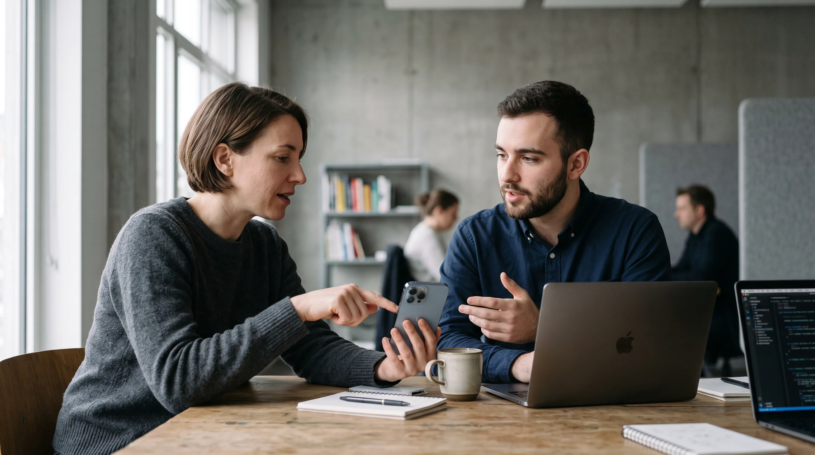 A product manager and iOS developer review a live app on an iPhone during a technical interview