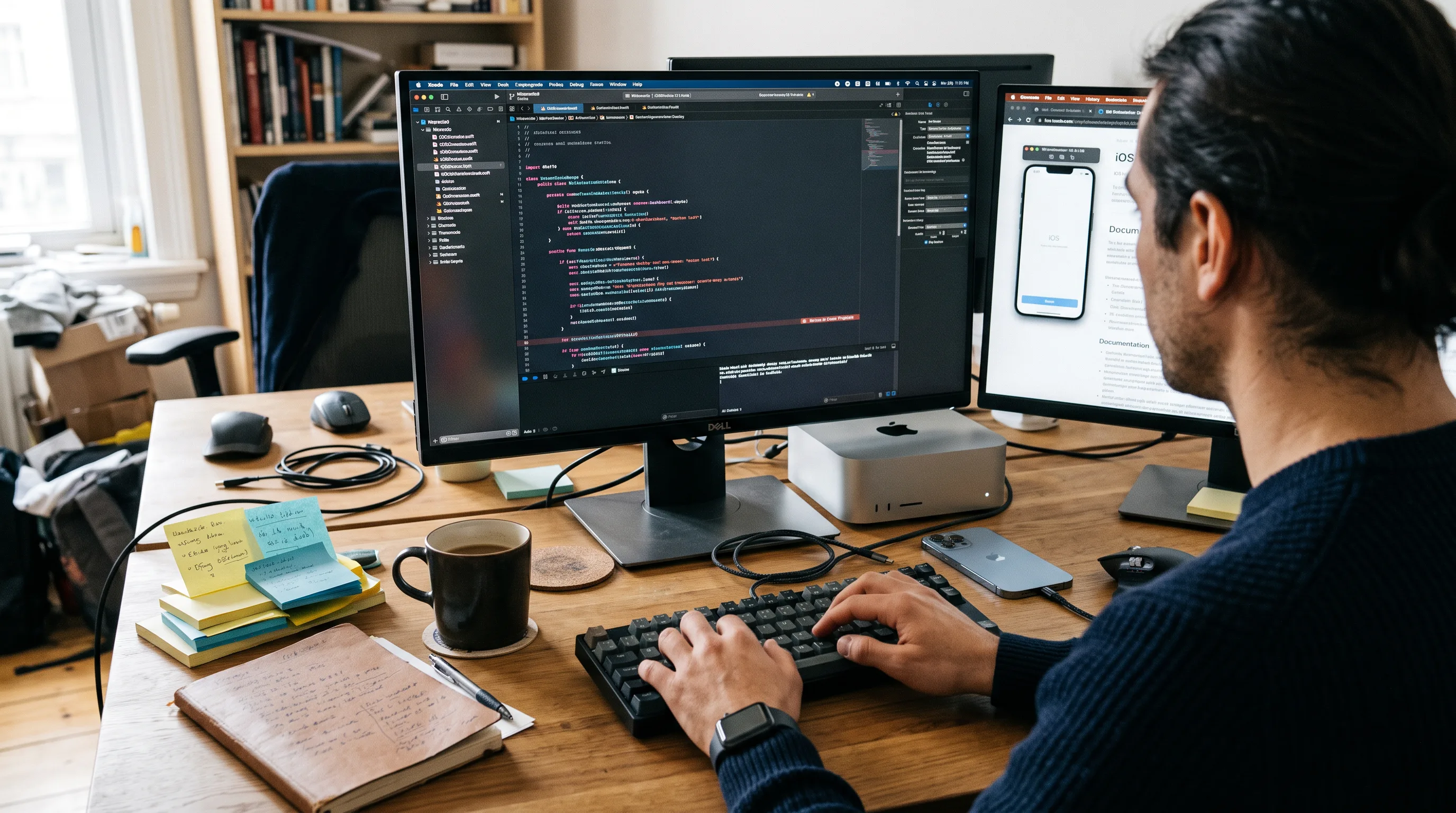 An iOS developer works in Xcode on a Mac with an iPhone connected via USB-C for testing