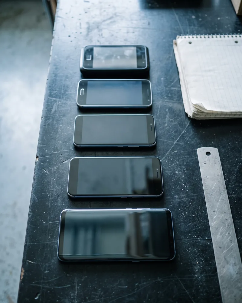Six generations of smartphones laid out in a row on a workbench