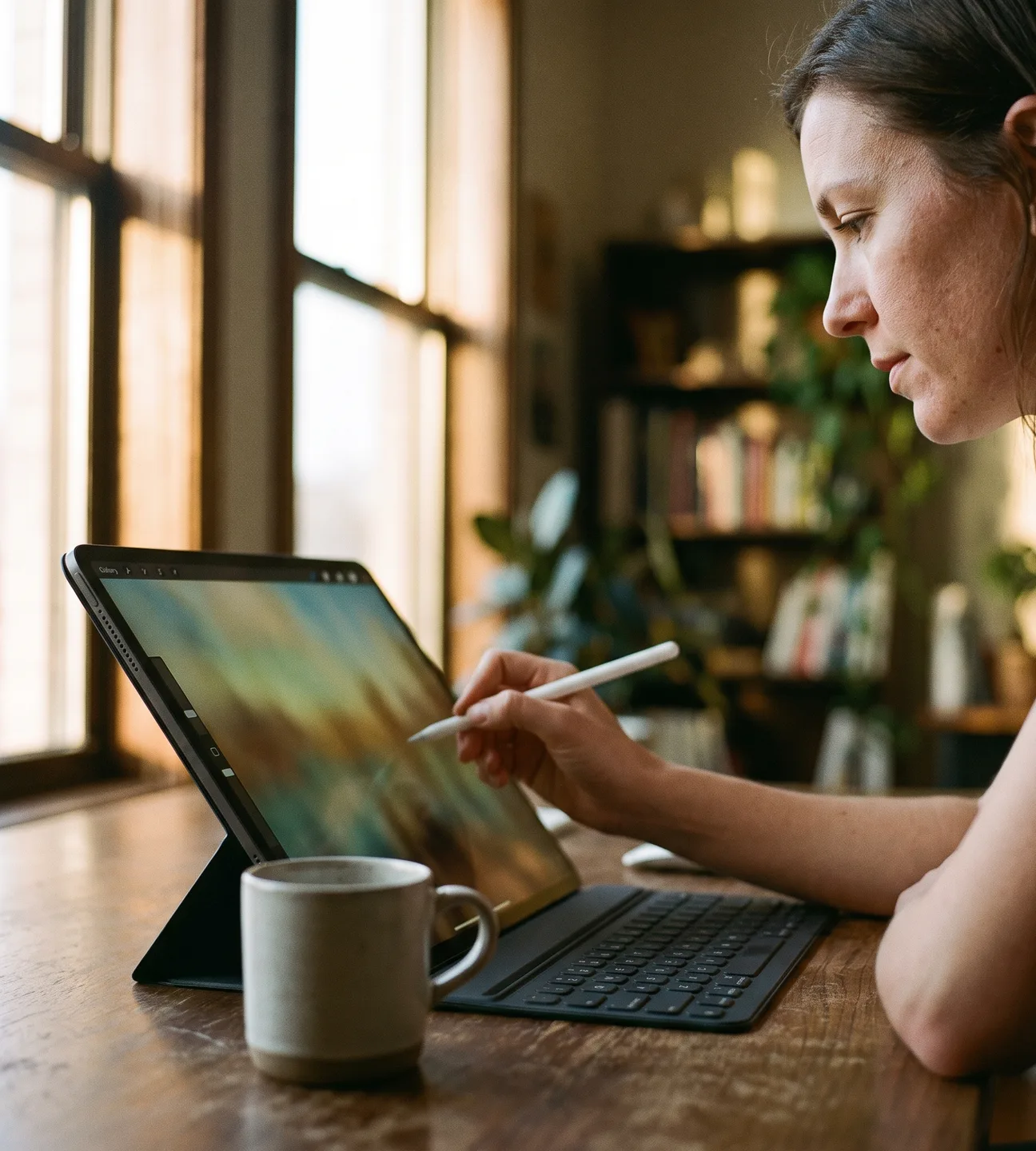 Designer drawing on an iPad with a stylus at a studio desk