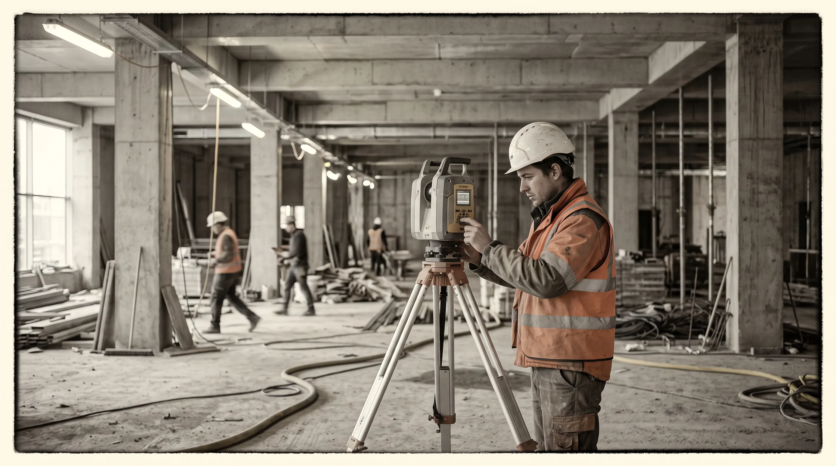 Site engineer operating a tripod laser scanner on a commercial construction floor