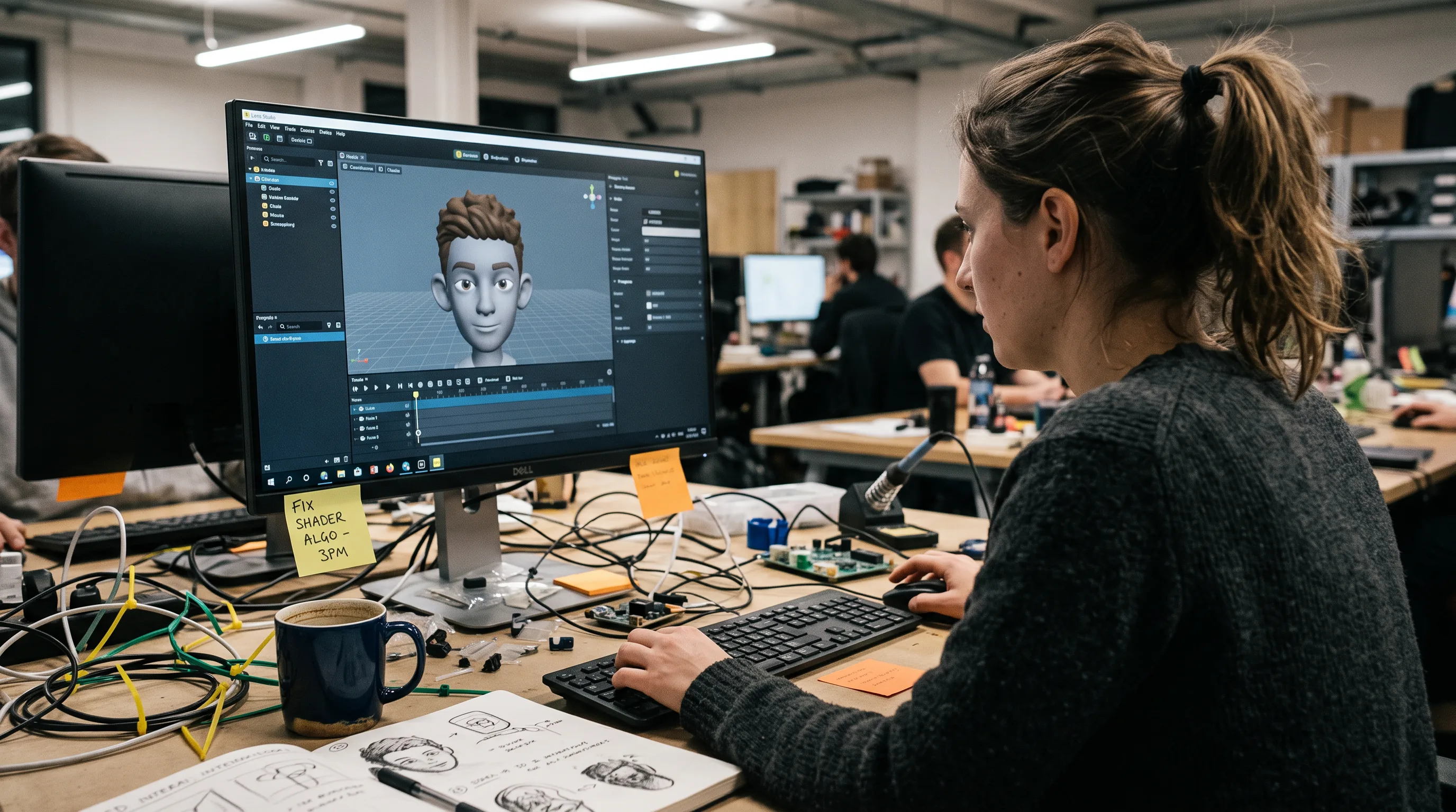 Developer building a branded AR lens on a monitor at a studio desk.