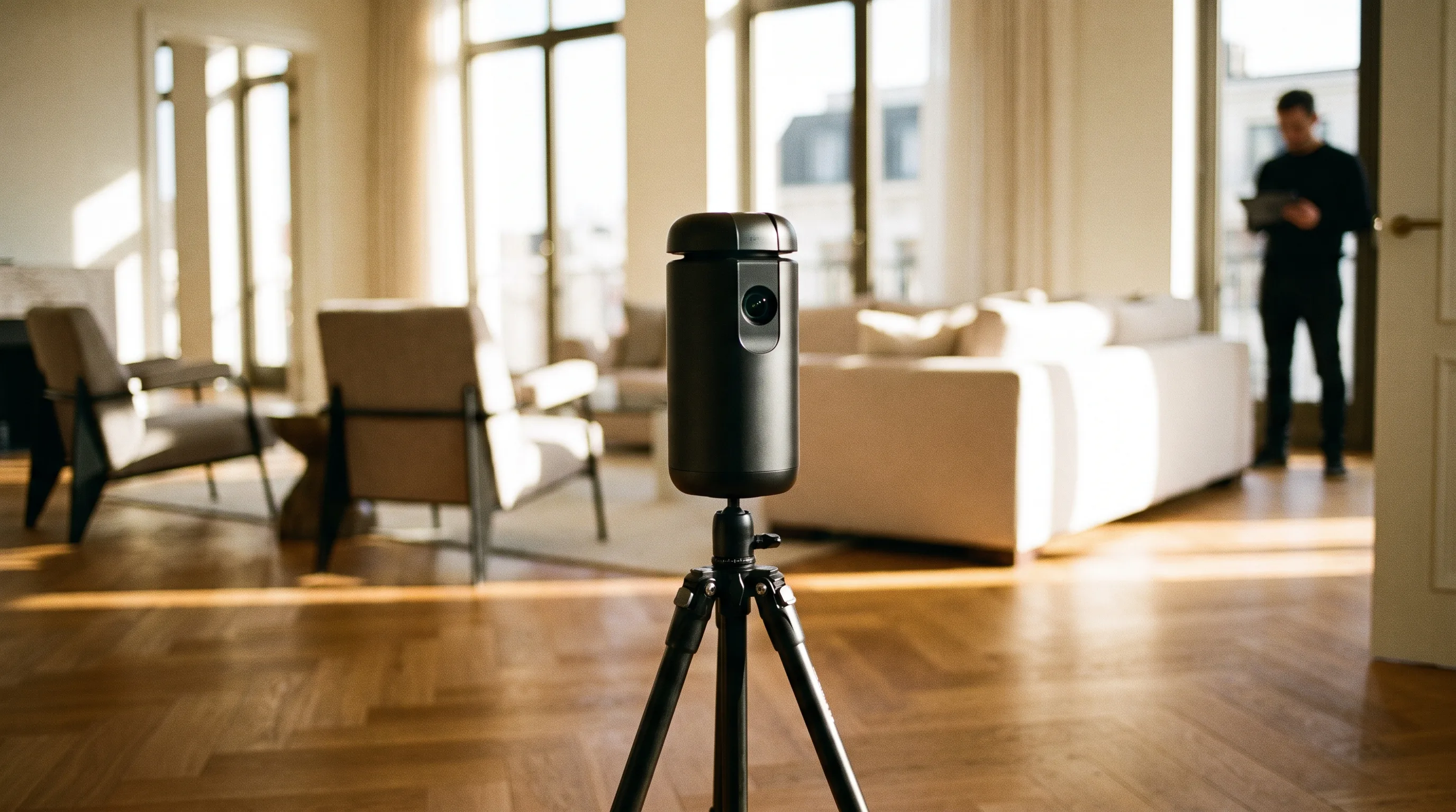 3D capture camera scanning a luxury apartment interior for a digital twin