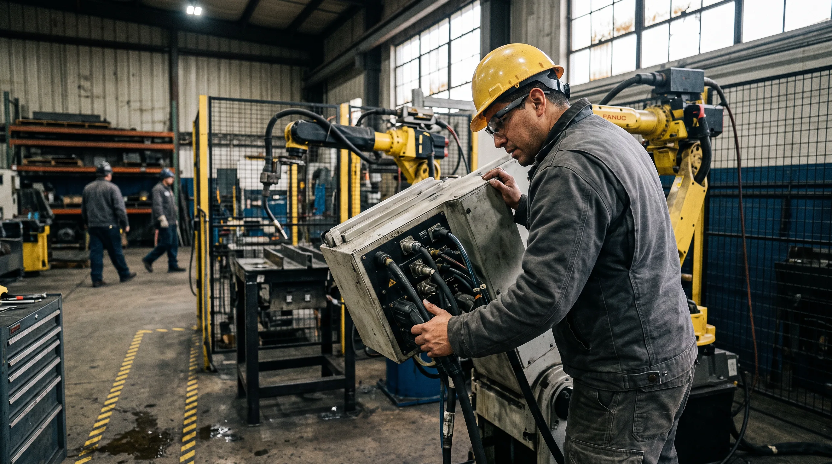 Maintenance technician in smart glasses and hard hat inspects a connector on a robotic welding cell