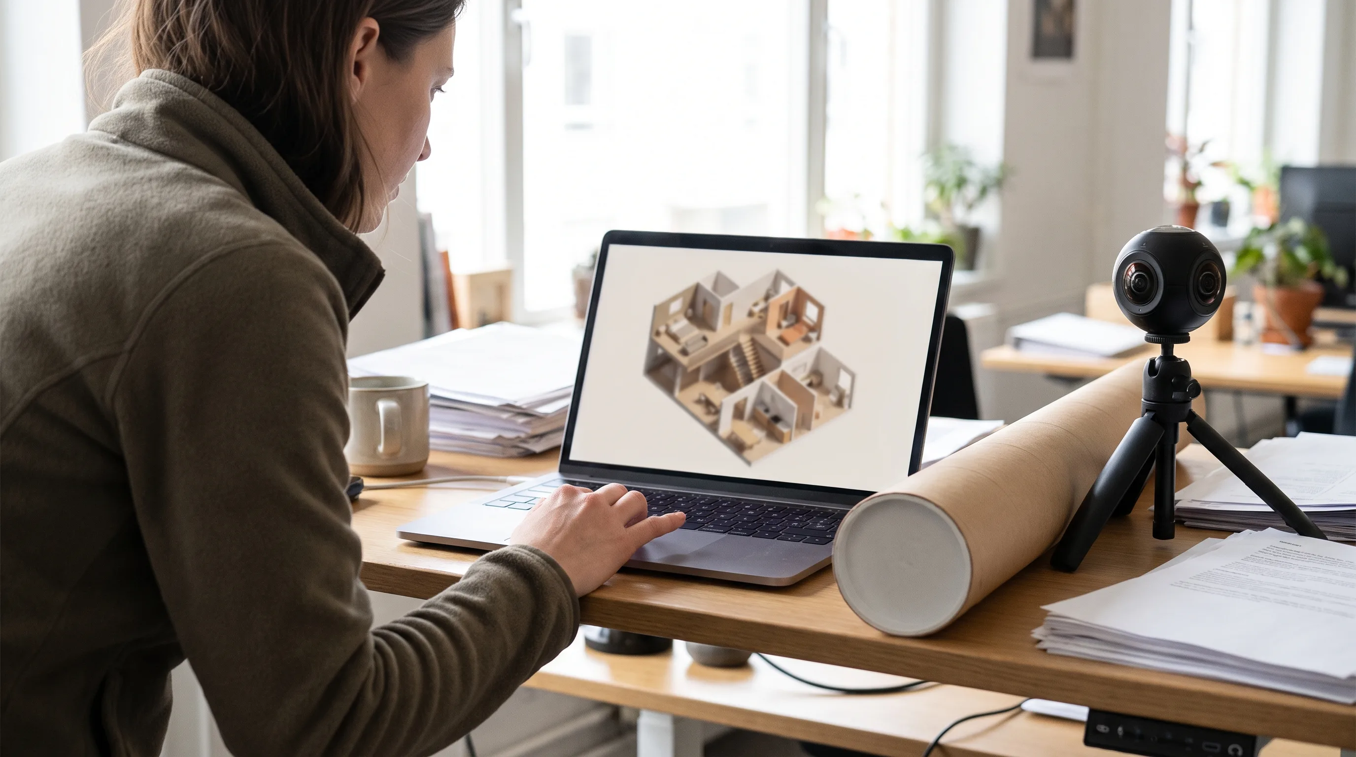 Matterport-style dollhouse view of a scanned building reviewed on a laptop