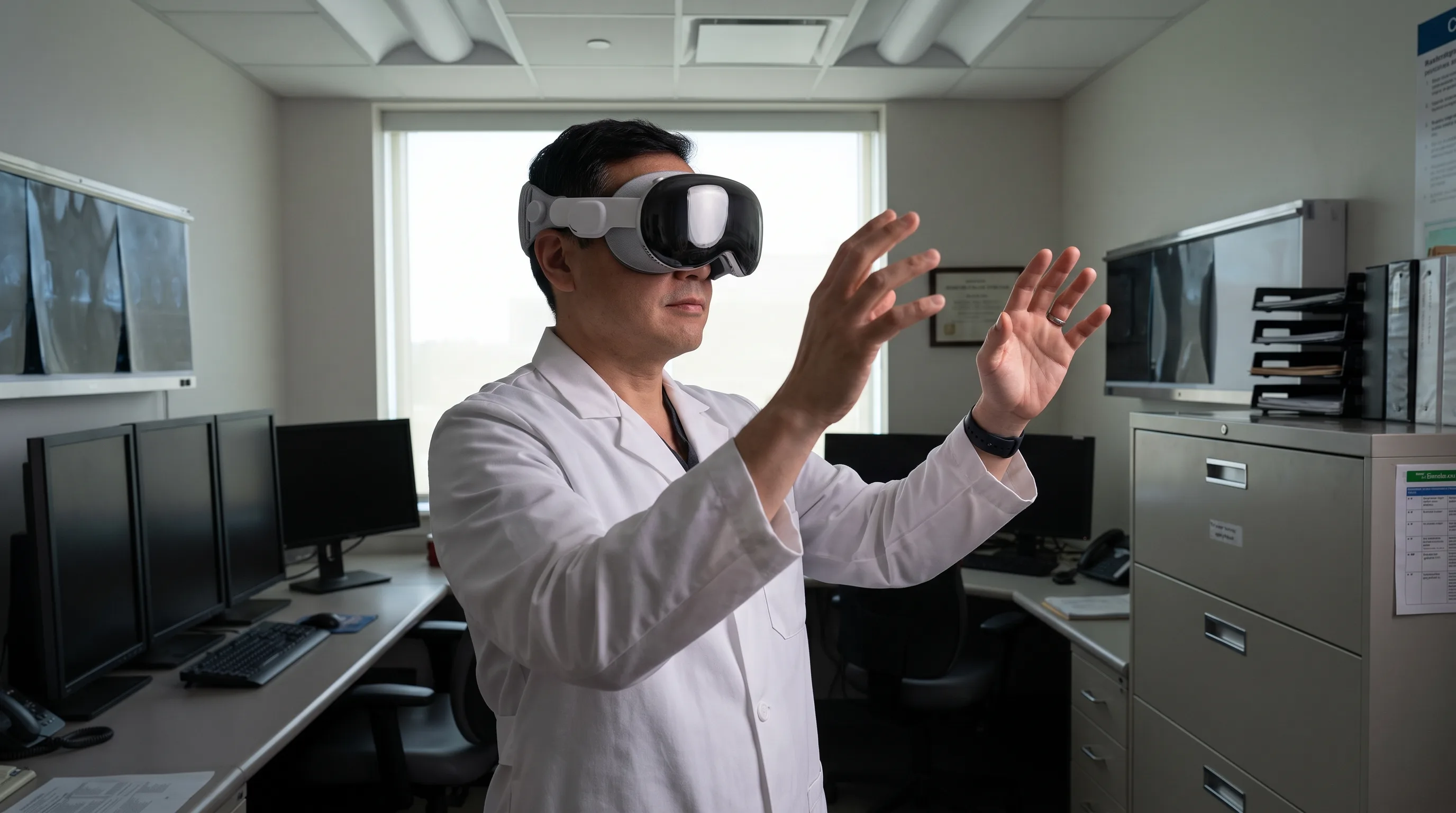 Clinician wearing Apple Vision Pro viewing a 3D medical scan in a hospital reading room
