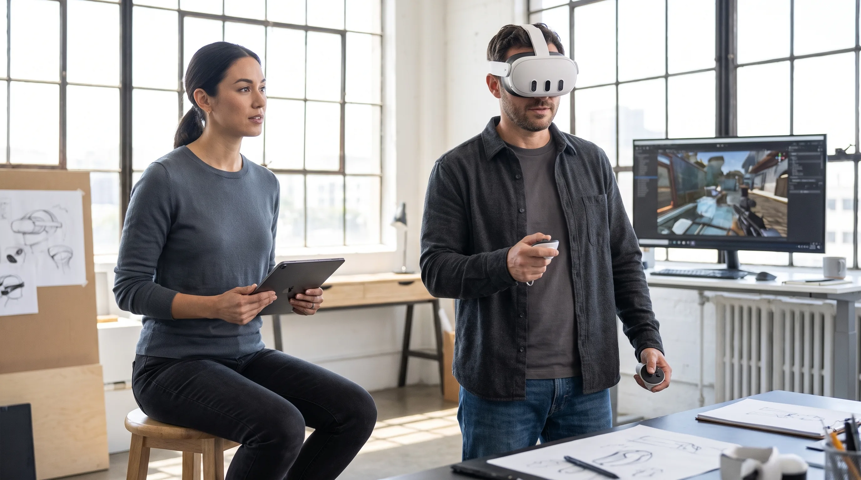Developer wearing a Meta Quest 3 headset demos a 3D multiplayer world for a client in a studio