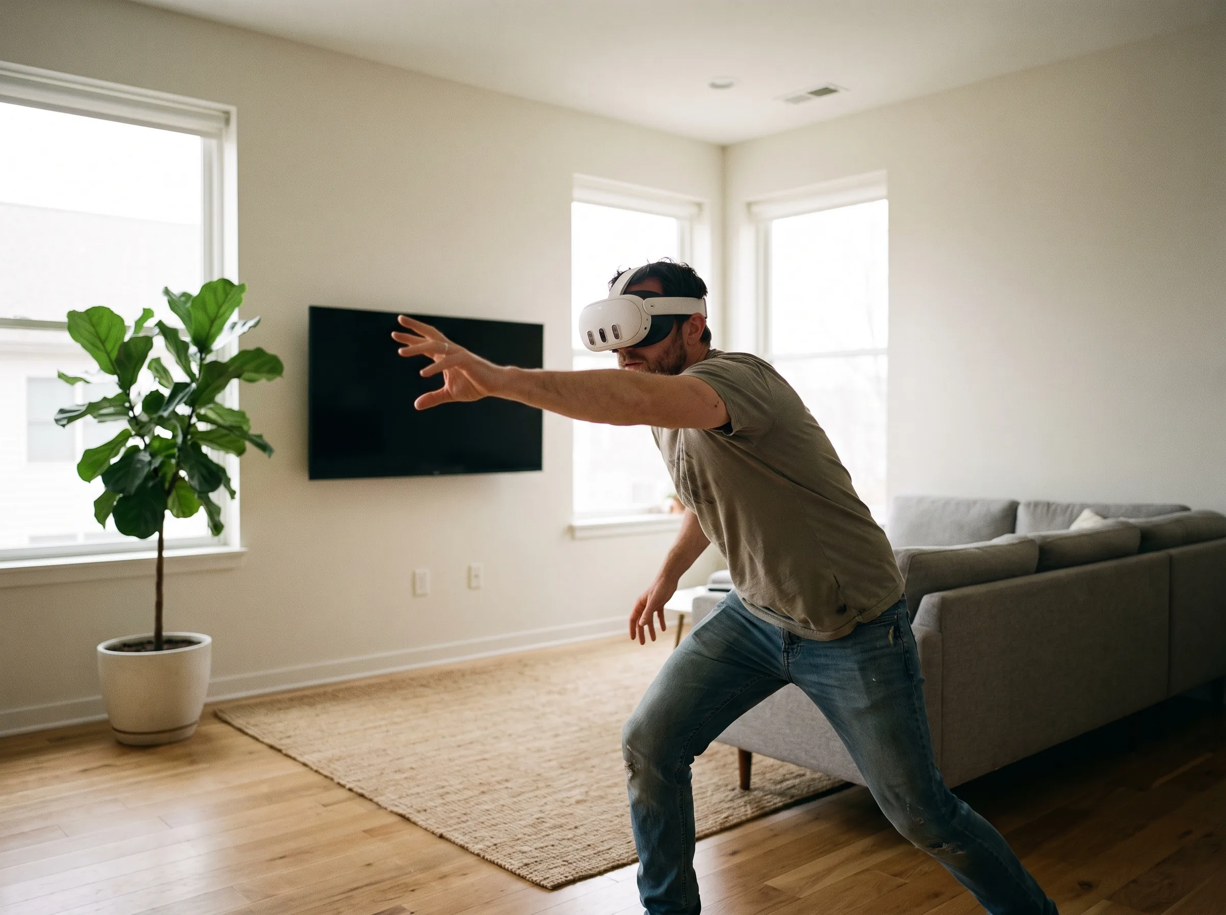 Player in a Meta Quest 3 headset reaching out mid-action in a bright living room cleared for room-scale play