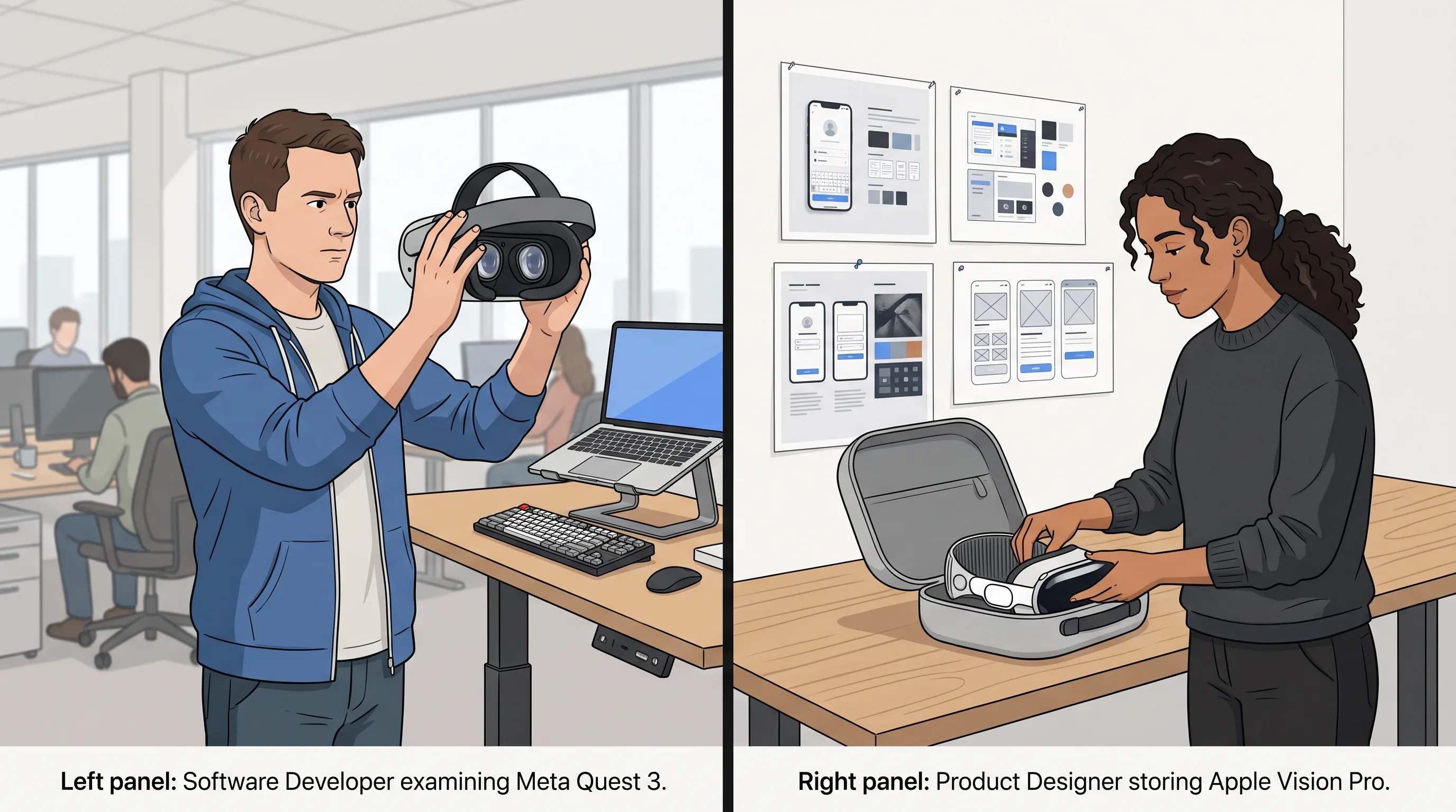 Split view comparing Meta Quest 3 and Apple Vision Pro development cost ranges