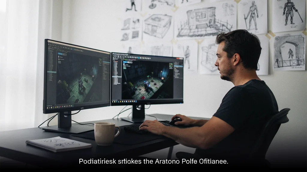 Product lead evaluating metaverse game development services at a dual-monitor workstation