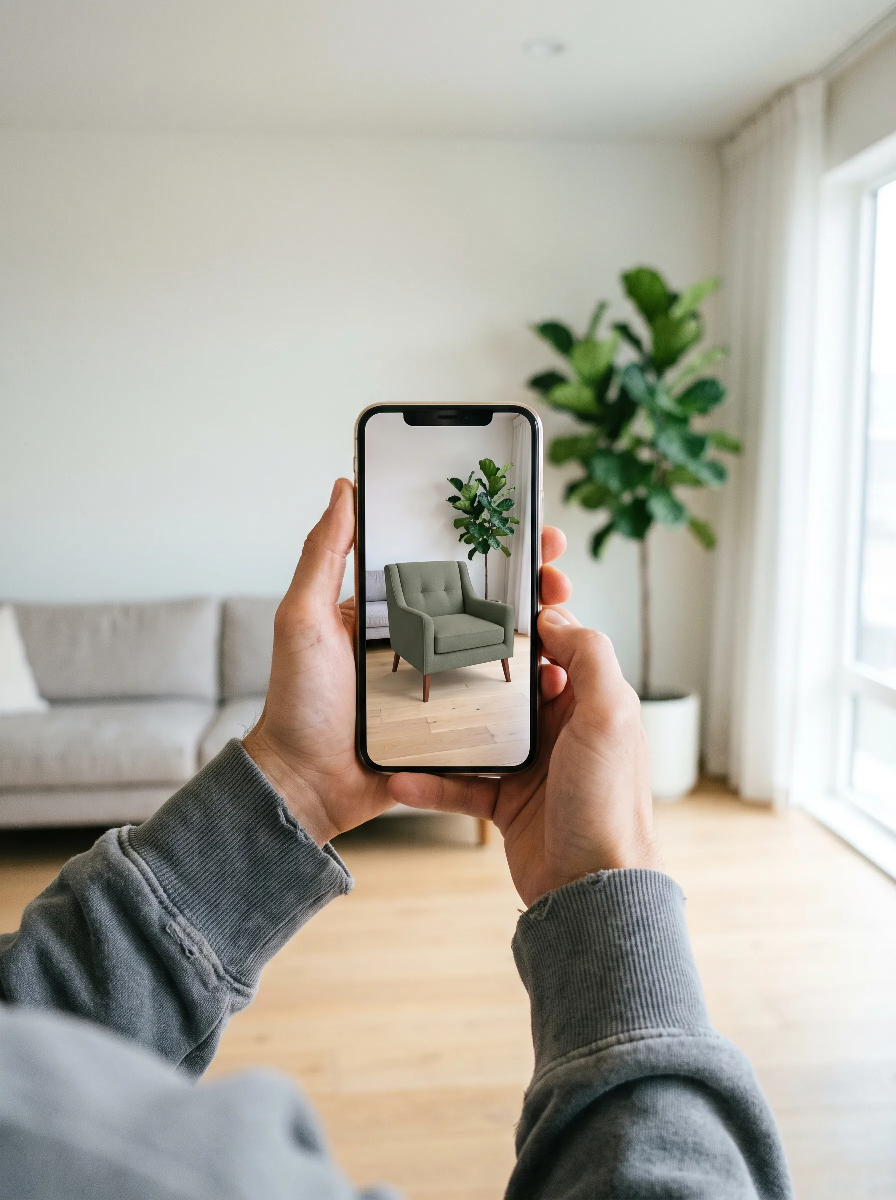 Mobile AR app anchoring a photoreal 3D object to a real tabletop on an iPhone held in a bright room