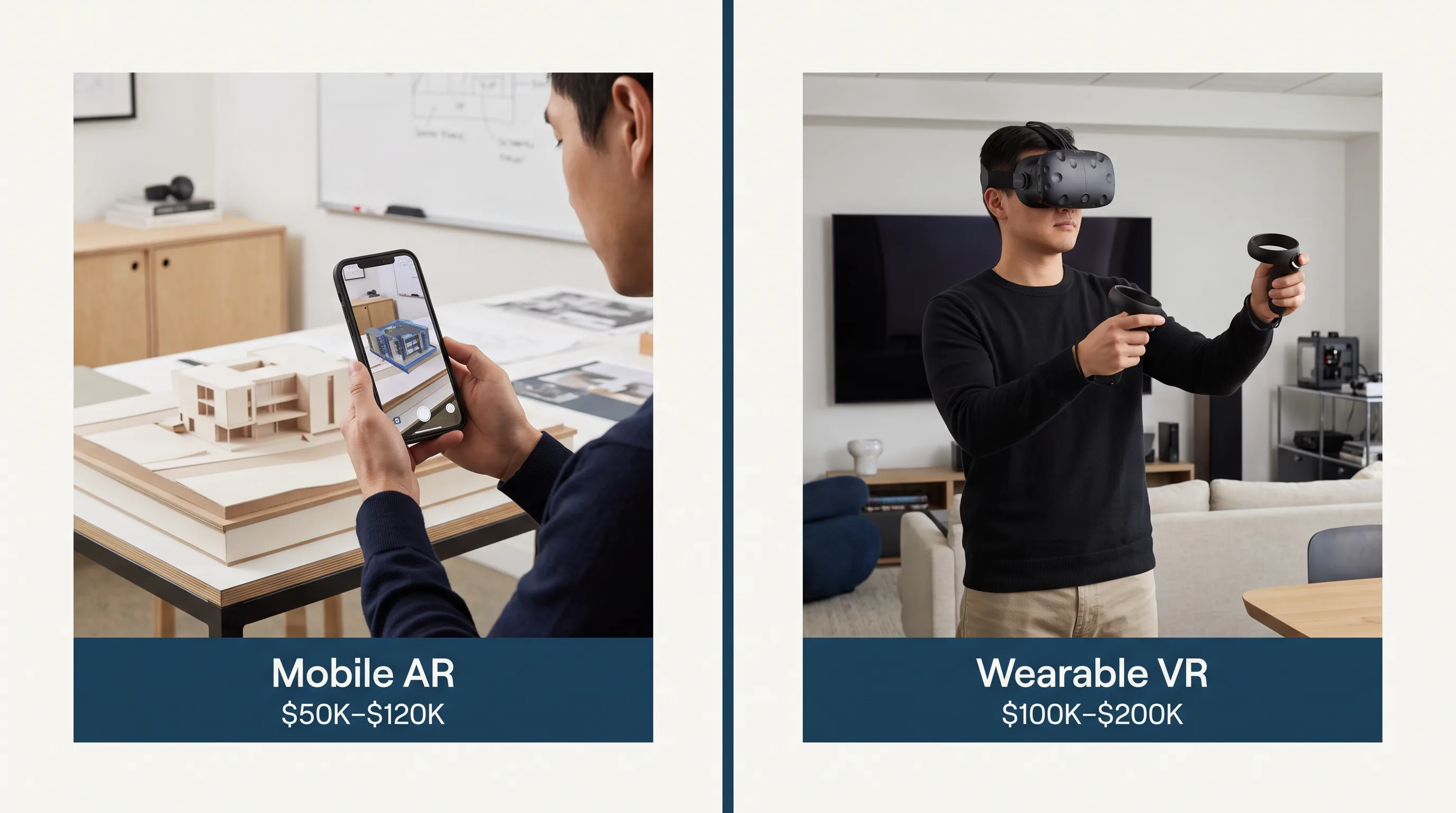 Split panel comparison: Mobile AR at $50K–$120K on the left versus Wearable VR at $100K–$200K on the right