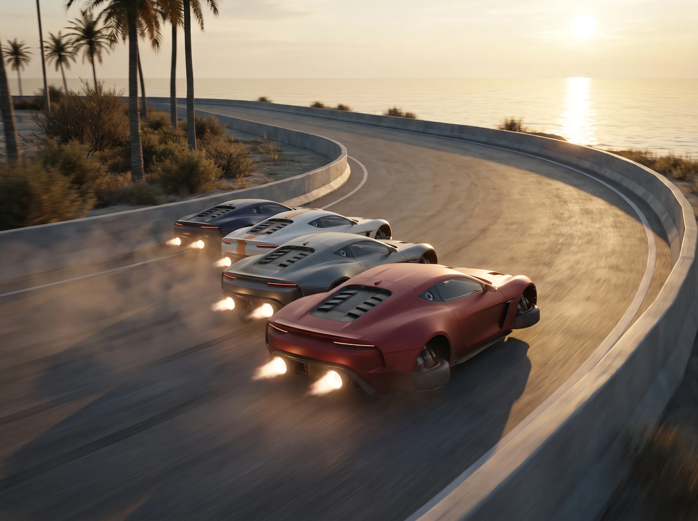 Four racers running the same line in tight formation through a coastal circuit bend at sunset
