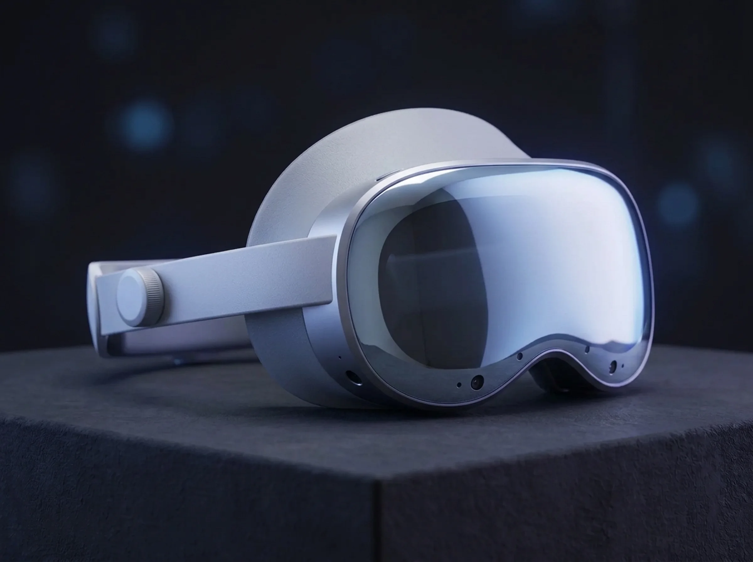 Samsung Galaxy XR headset on a dark studio pedestal