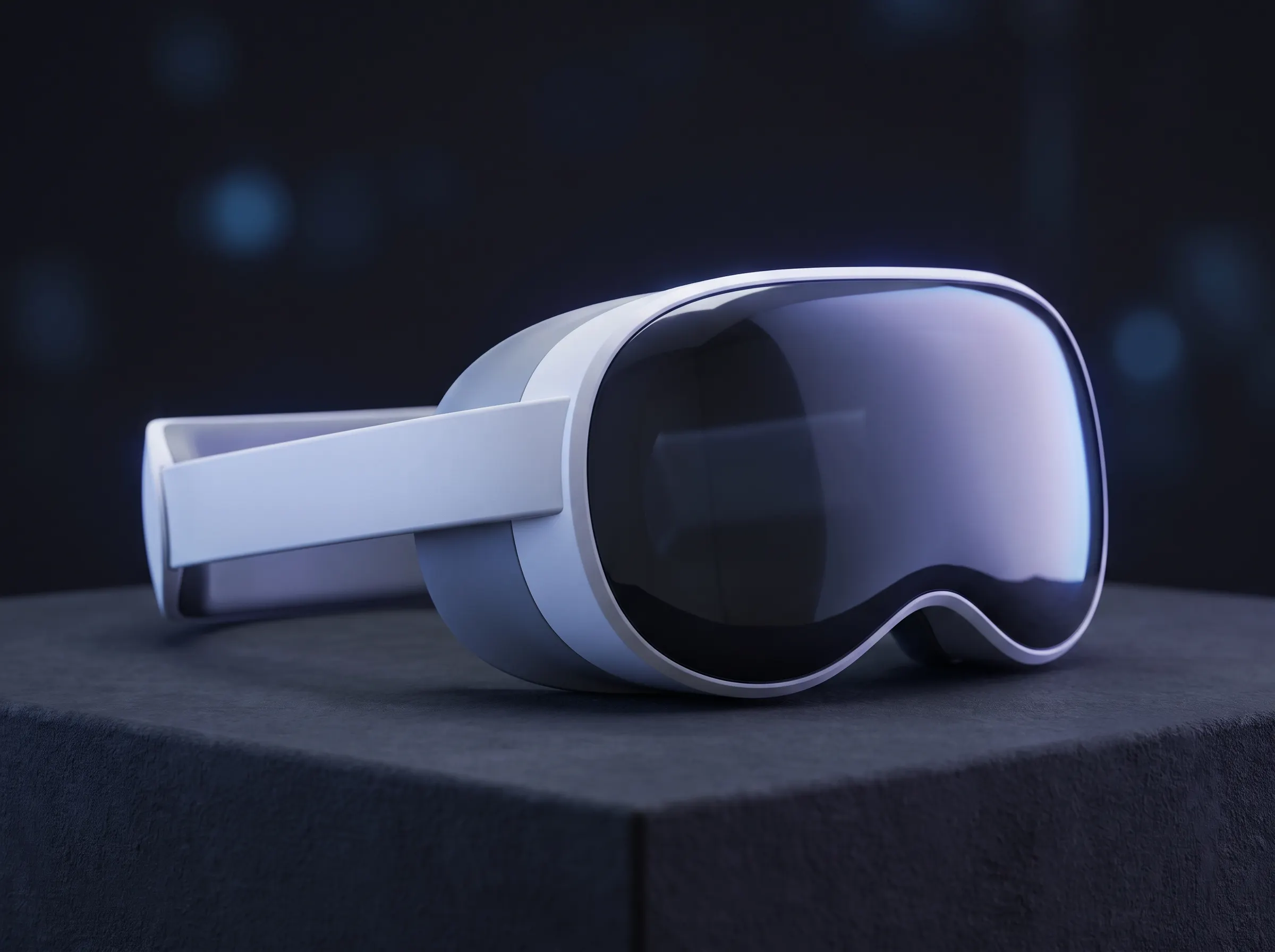 Sleek next-generation XR headset on a dark studio pedestal