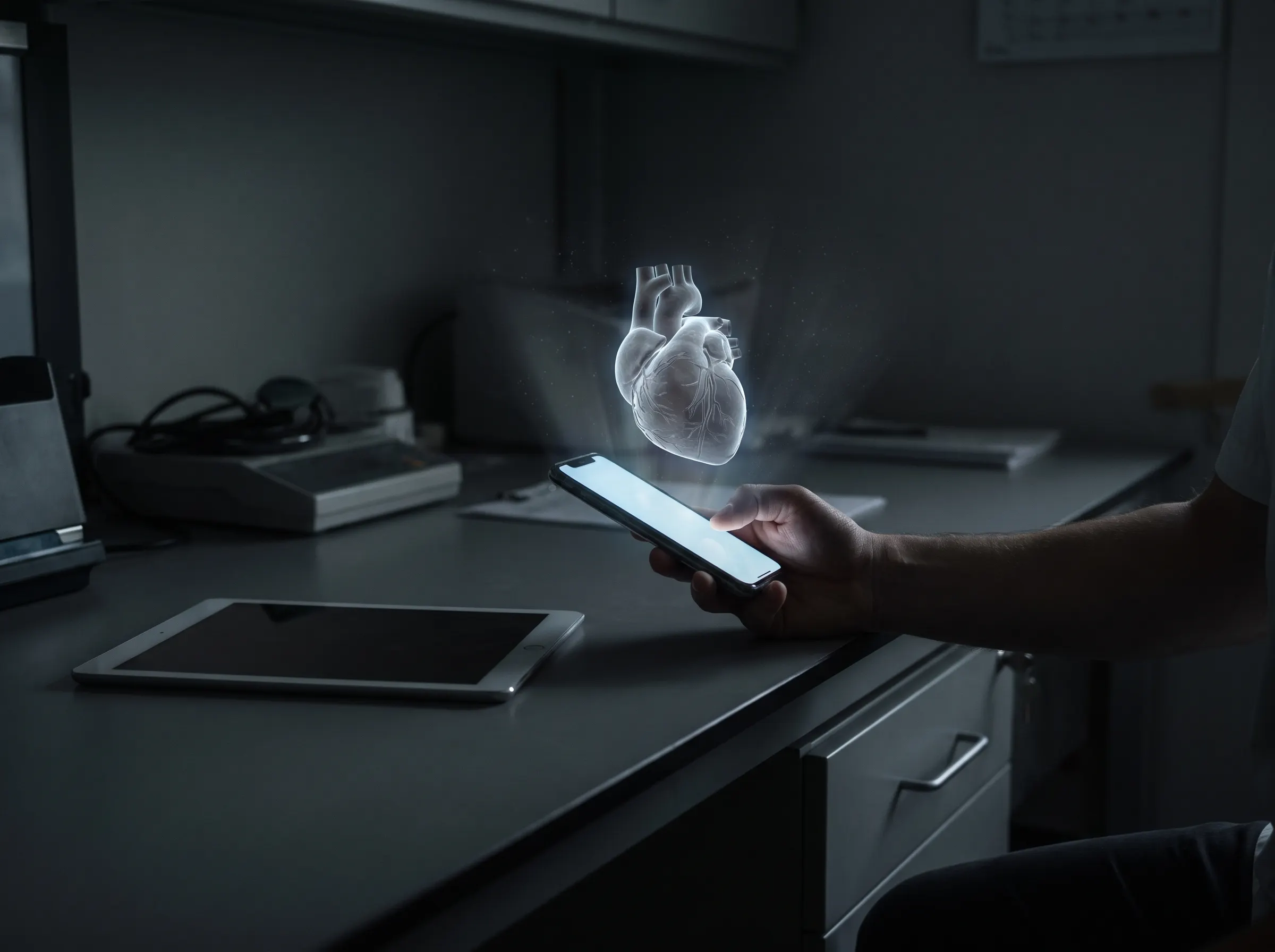 iPhone showing an AR heart model in a dark clinical room with an iPad nearby