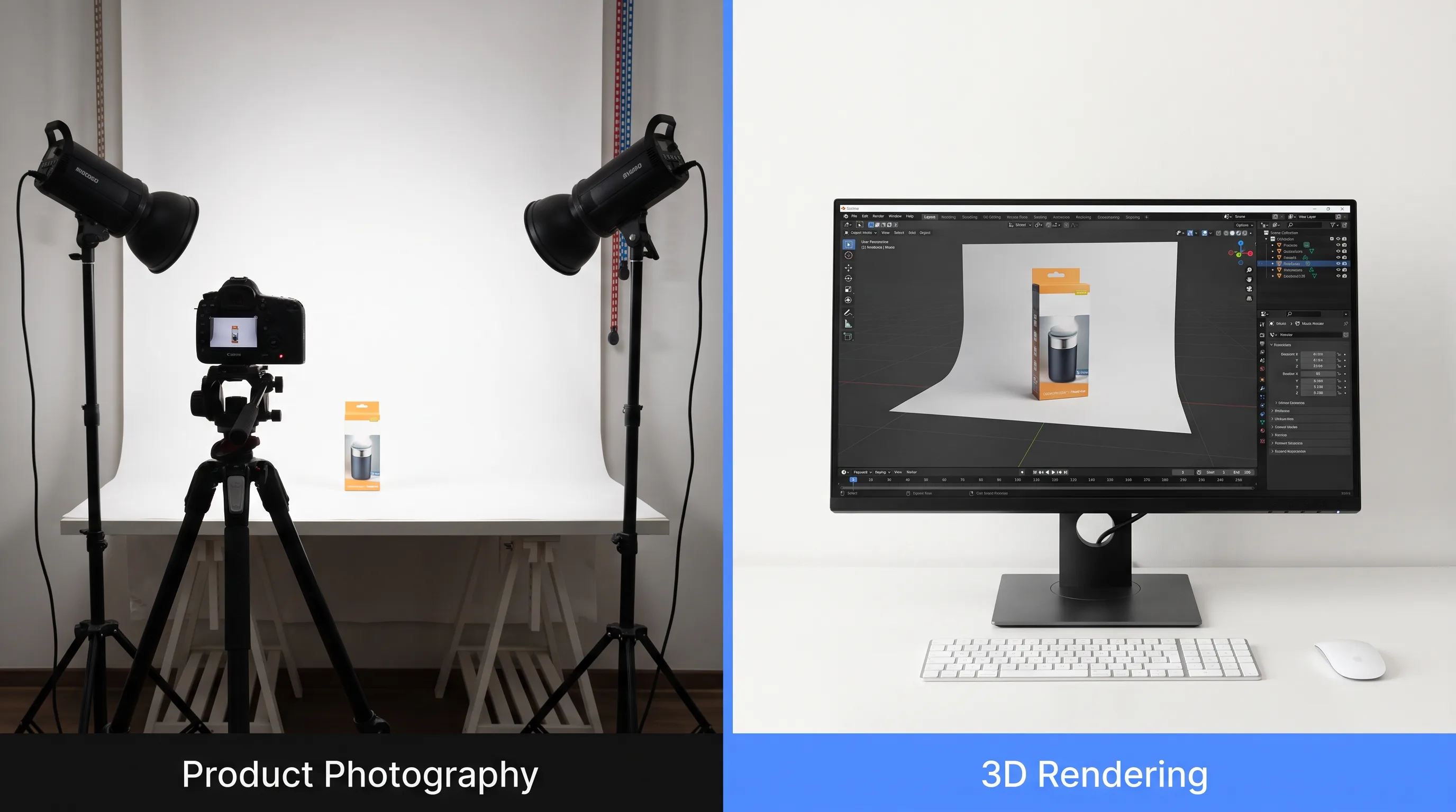 Side-by-side comparison of a product photography studio setup and a 3D rendering workstation