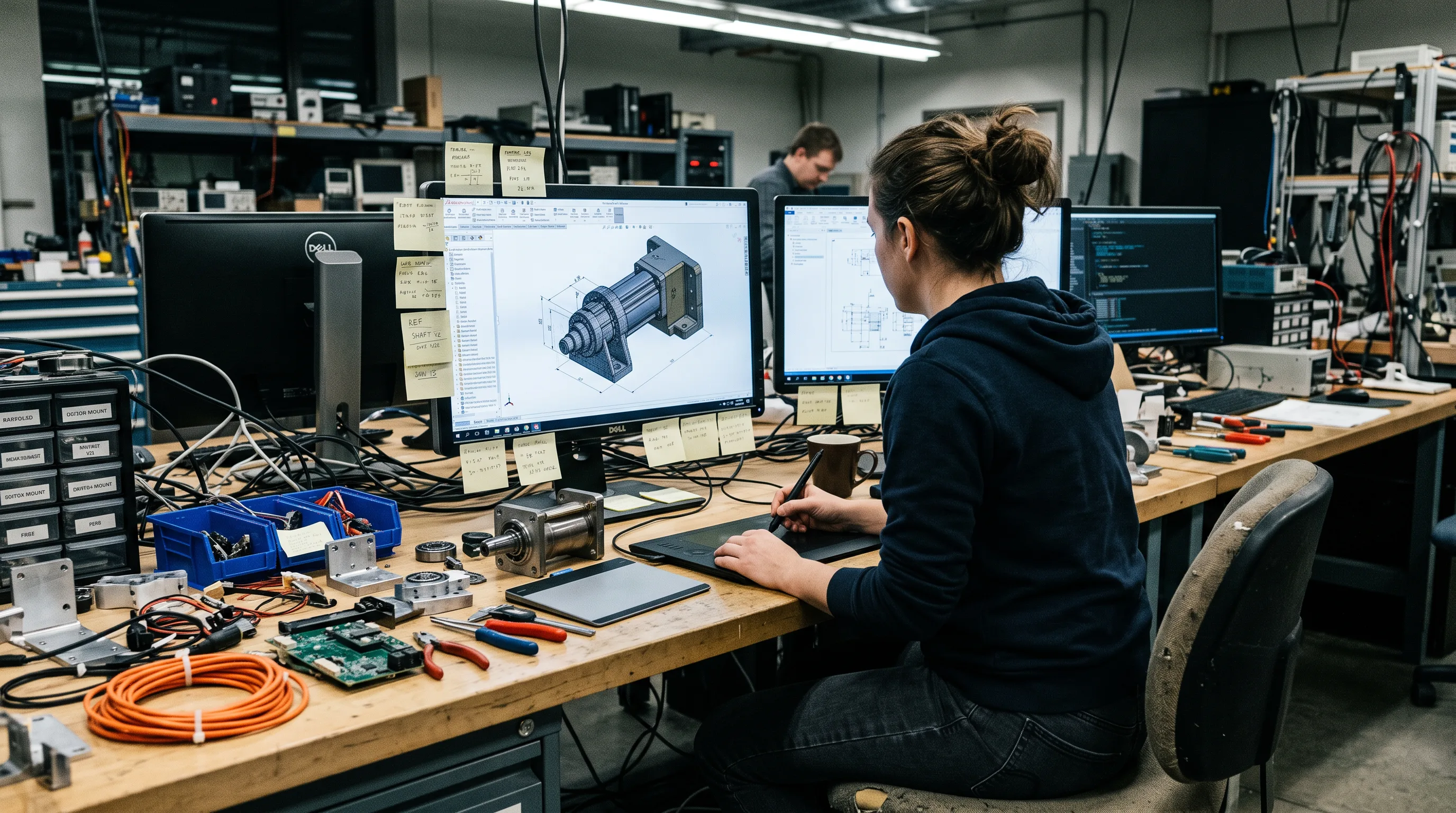 A 3D modeler builds a textured machine part in modeling software at a dev bench.
