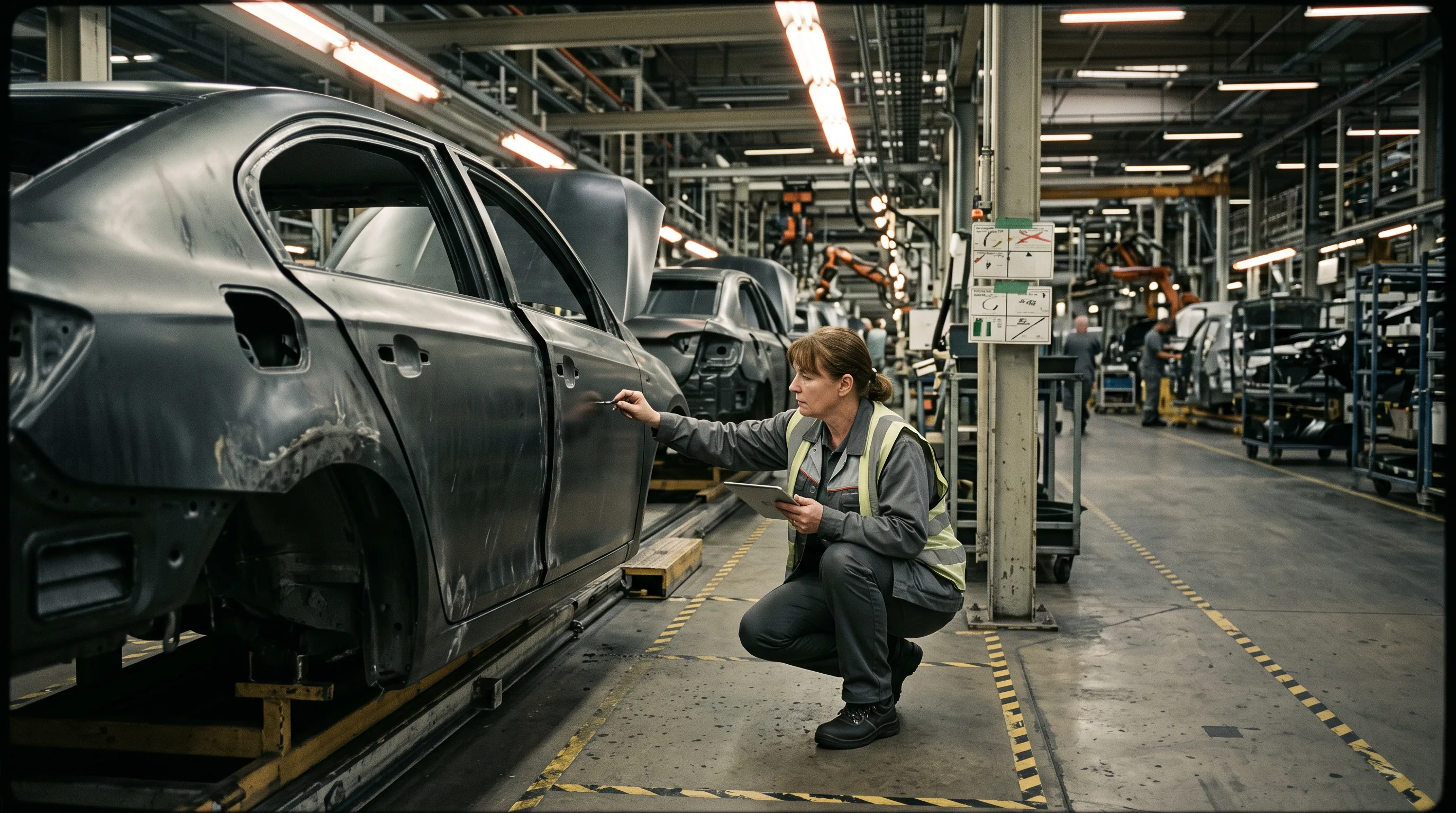 Quality inspector holds a tablet at car panel level checking gap-and-flush alignment on a factory floor