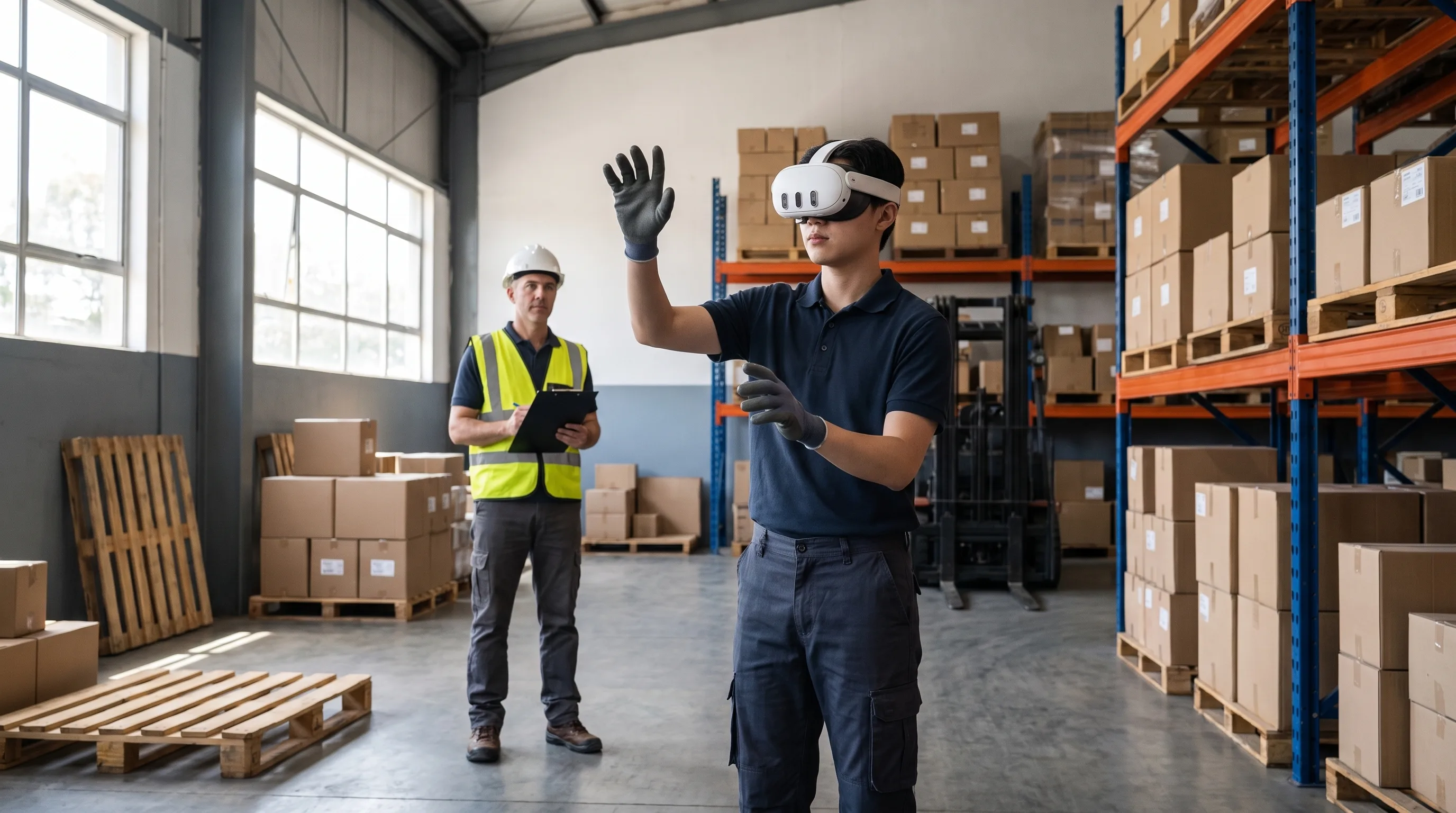 A trainee wearing a Meta Quest 3 runs a VR safety training simulation on a facility floor.