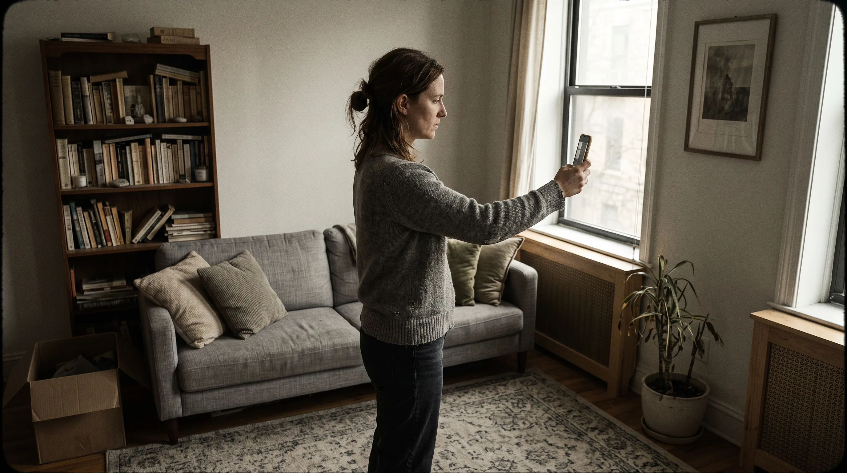 Shopper in living room holding smartphone to preview virtual furniture placement