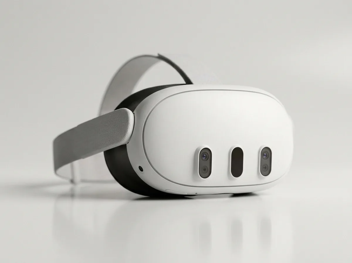 Meta Quest 3 headset resting on a desk in a credible training setting