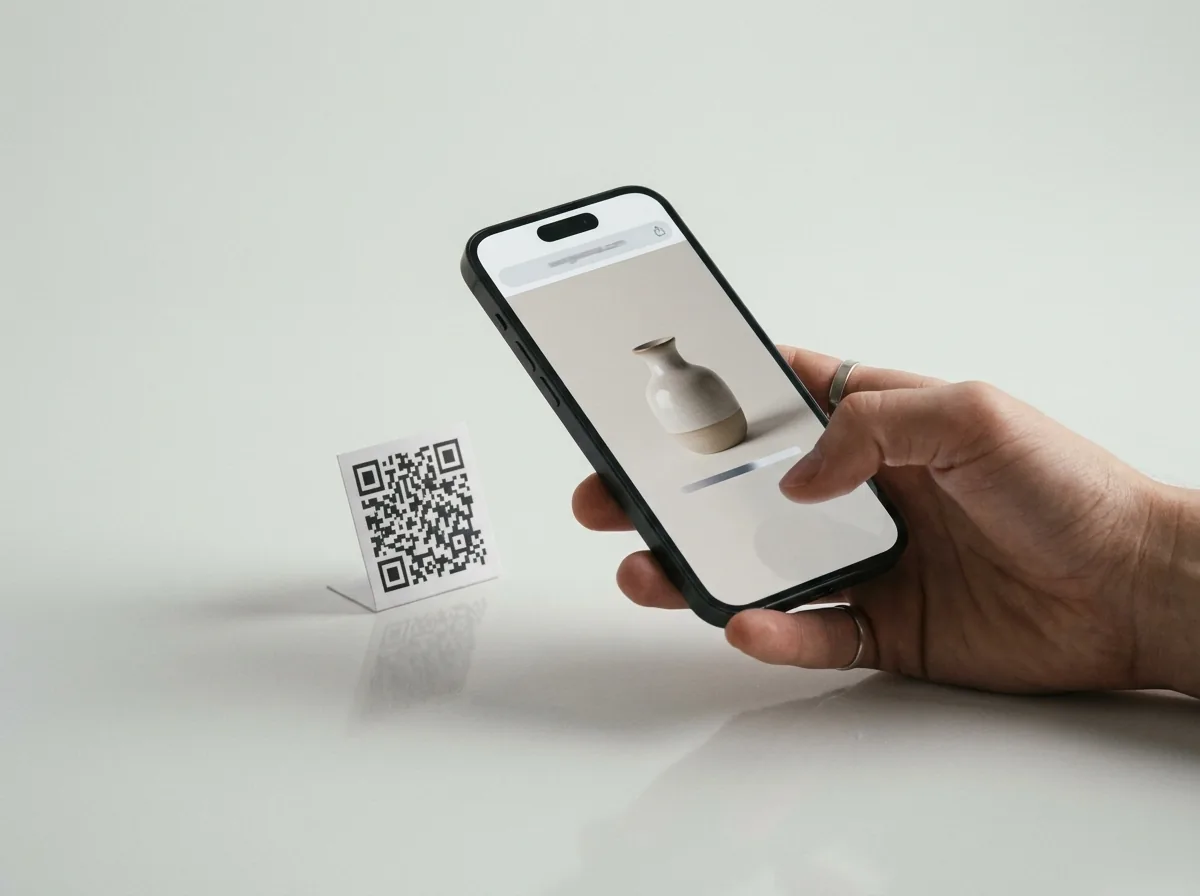 Phone scanning a QR code to open a browser AR experience with no app install