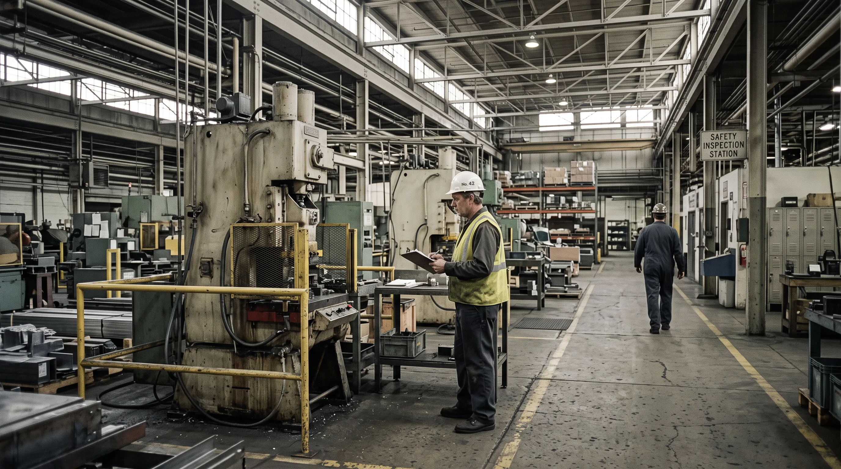 Safety manager in high-visibility vest walking a manufacturing floor with a clipboard