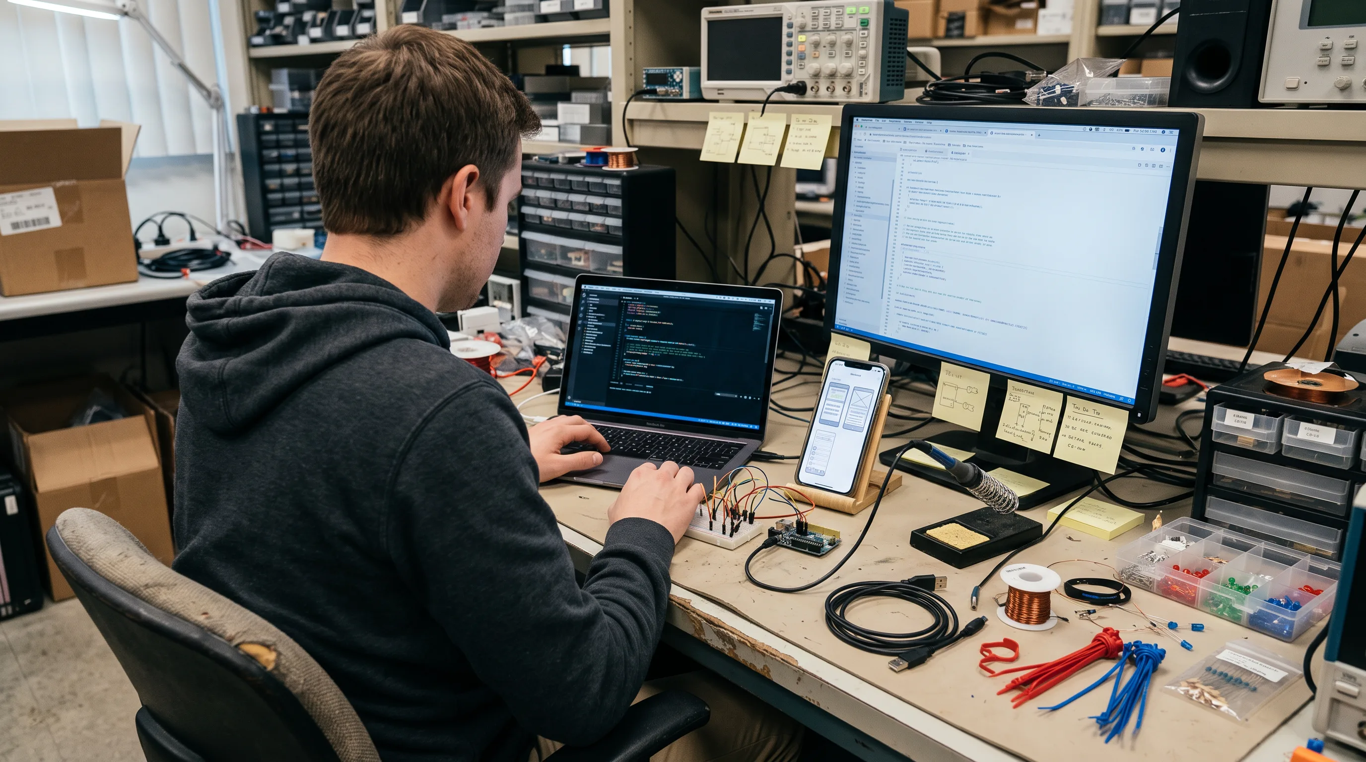 Solo developer building a simple mobile app MVP at a desk with a laptop and iPhone