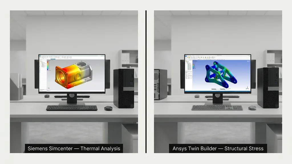 Two workstations side by side show Siemens Simcenter and Ansys simulation interfaces