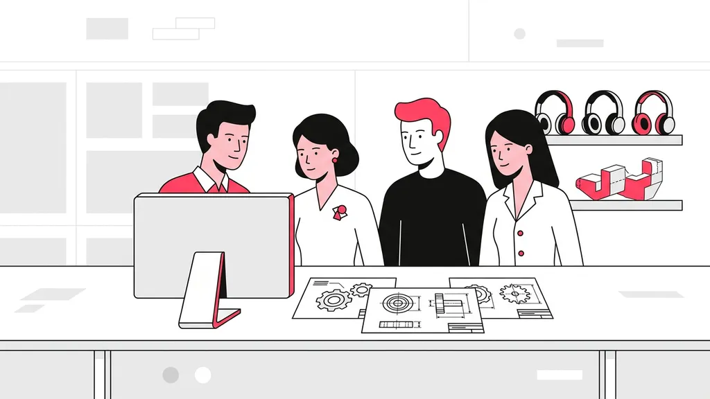 Design studio team discusses a high-fidelity 3D product model on a large display