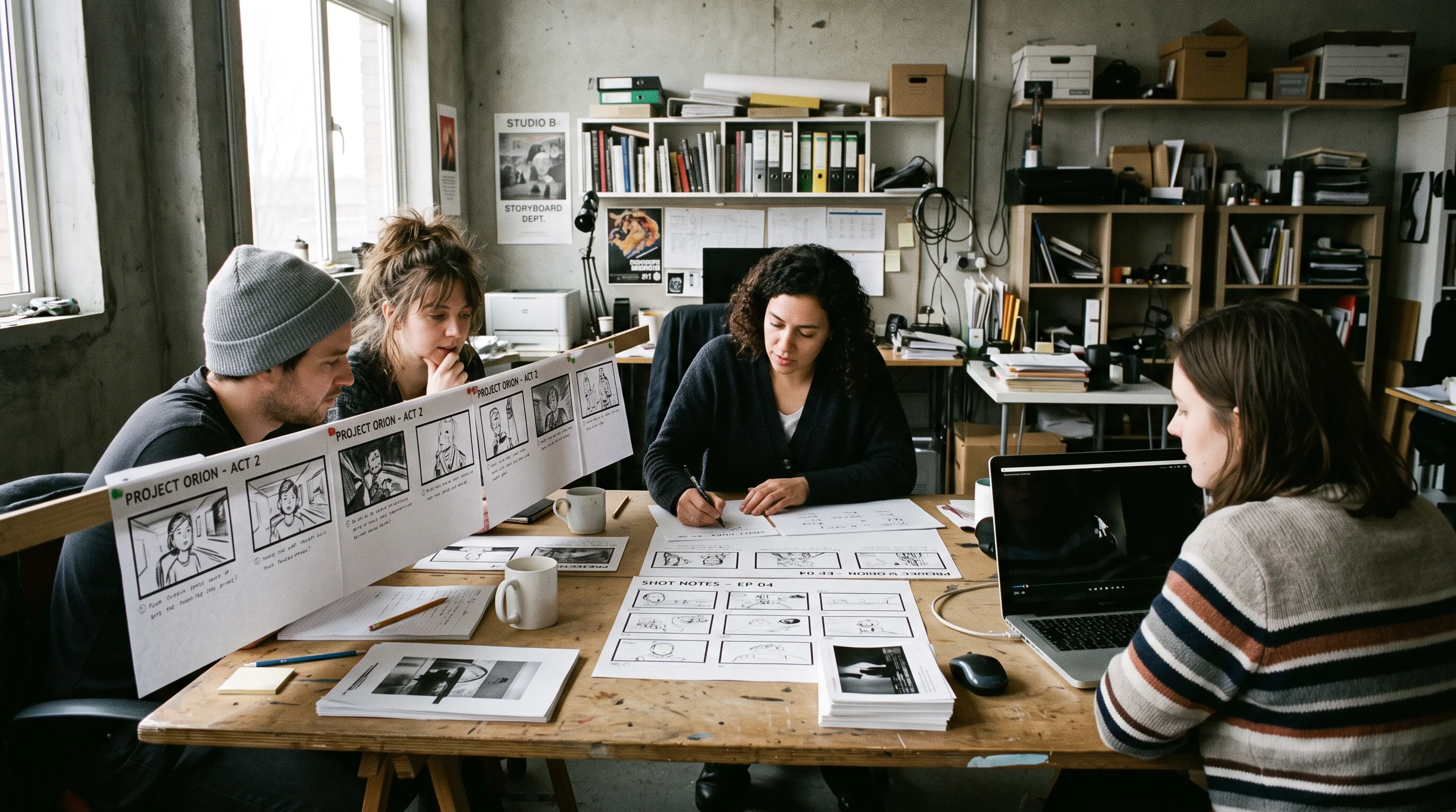 A studio team reviews printed storyboard frames and an animatic at a table.
