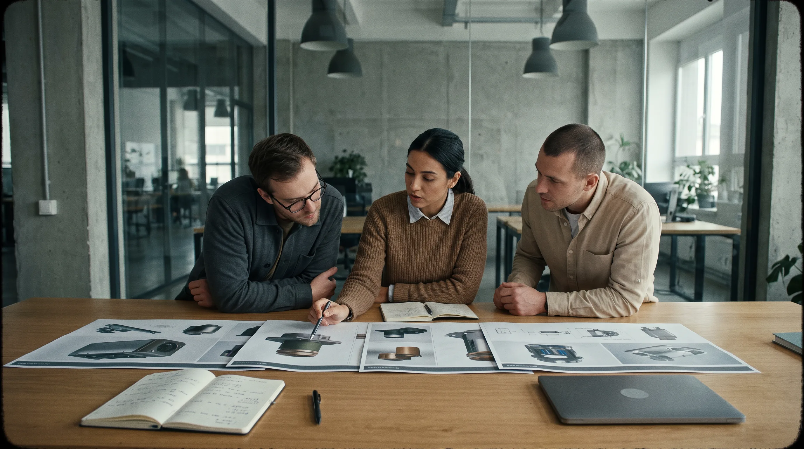Product team compares printed 3D render portfolio sheets across a conference table