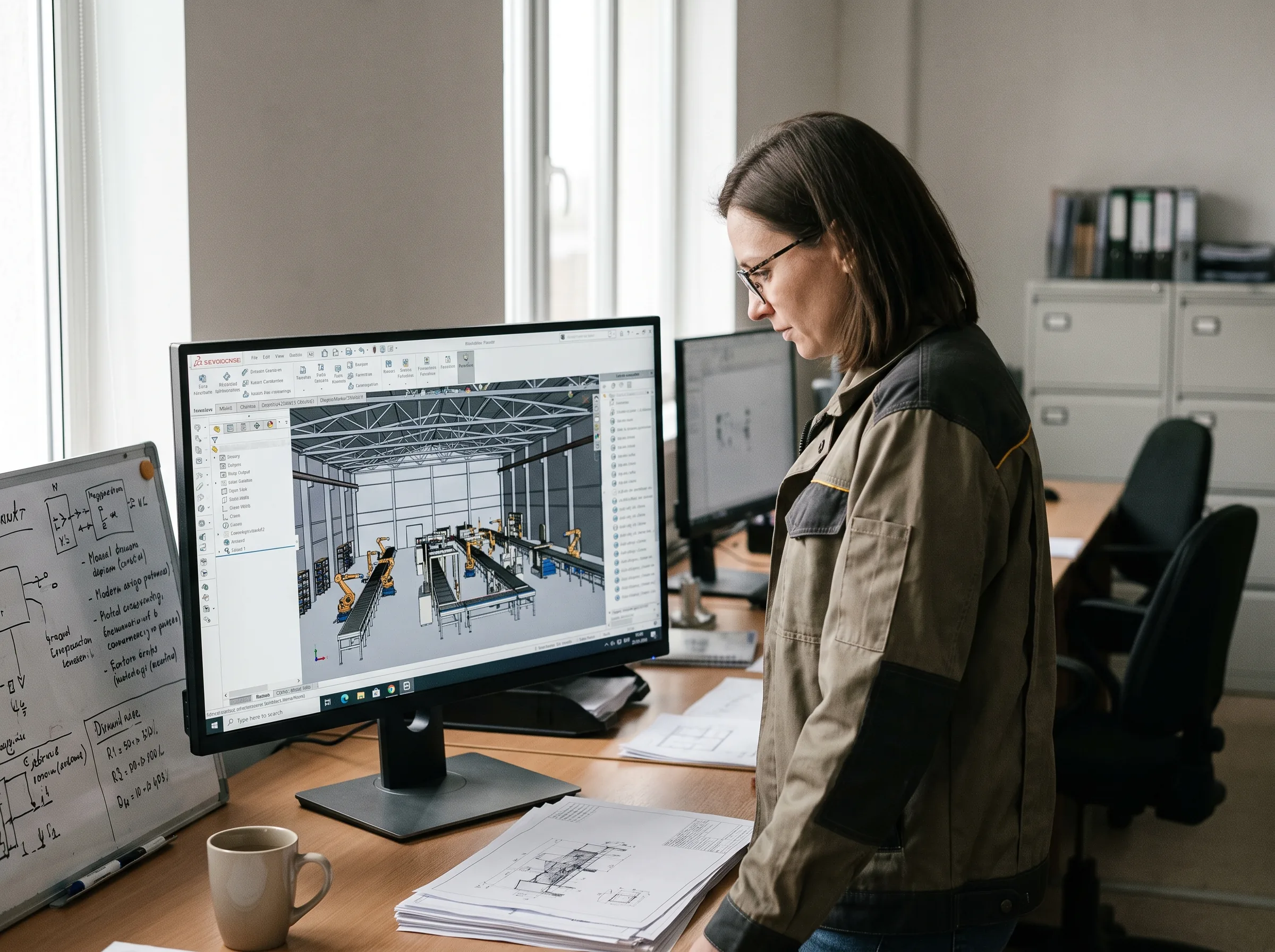 Engineer reviewing a photoreal 3D model of a factory floor on a workstation monitor