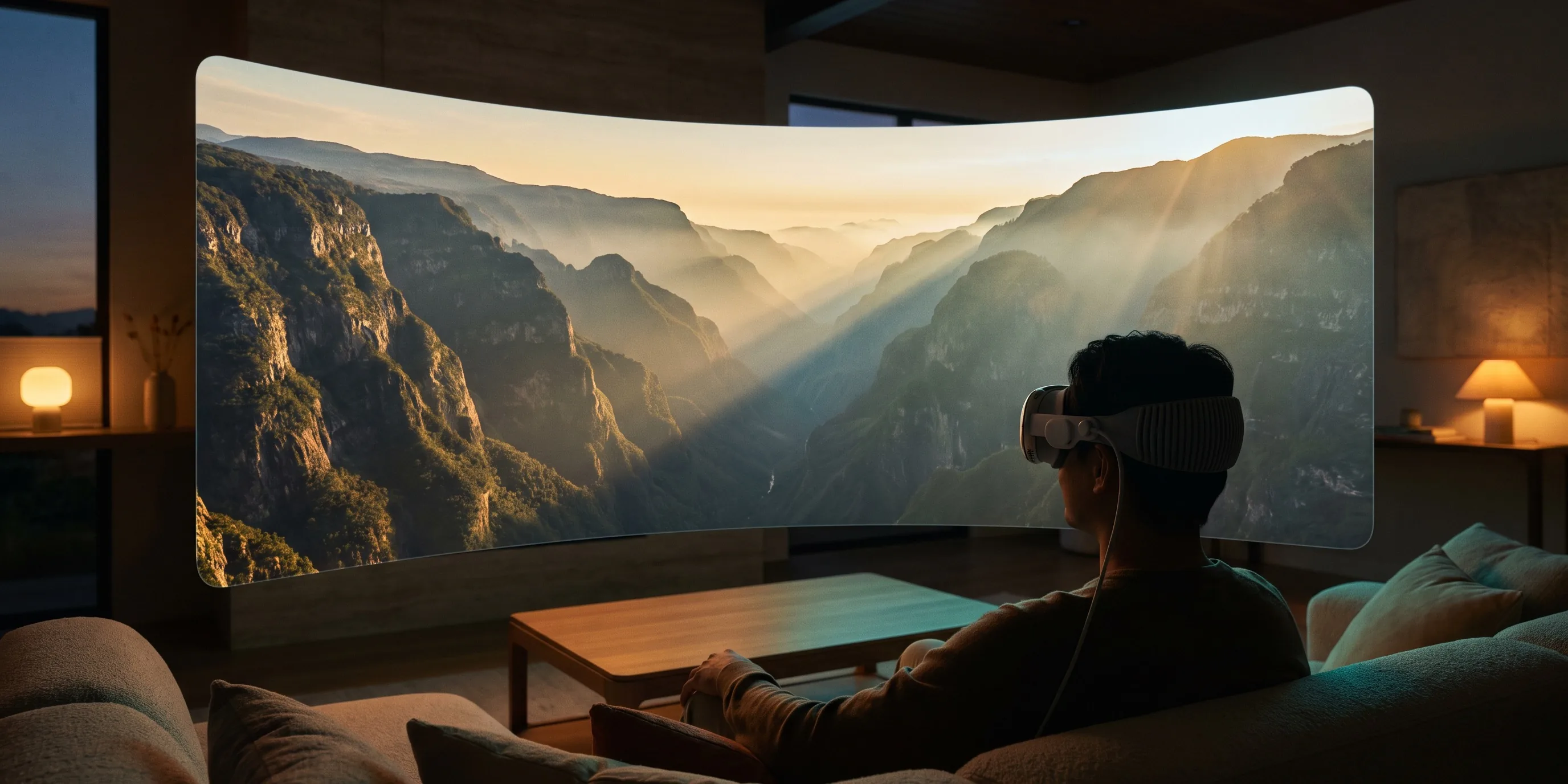 Viewer in an Apple Vision Pro watching a photoreal real-time 3D landscape on a curved panoramic screen